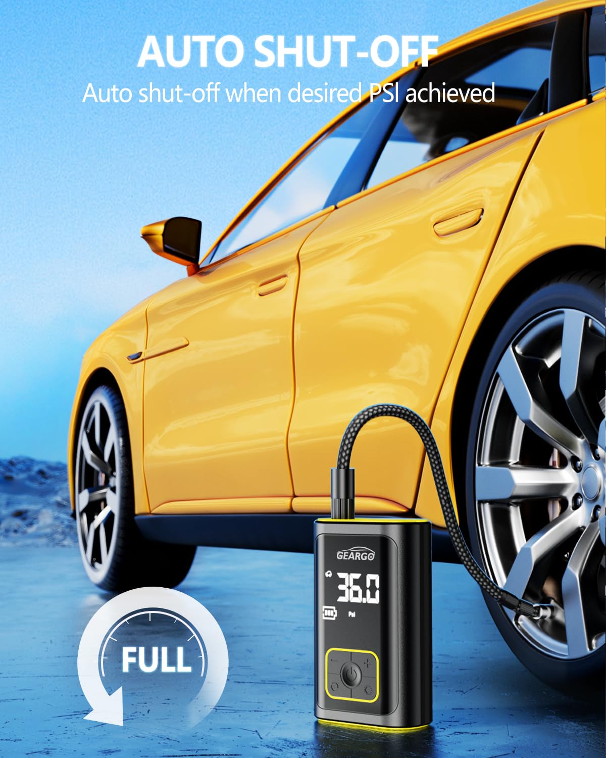GEARGO Portable Tire Inflator Air Compressor 150PSI Cordless Air Pump for Car, Motorcycle, Bicycle Tires, Balls, 3X Faster Auto Smart Air Pump with Digital Pressure Gauge, LED Light, Black Yellow