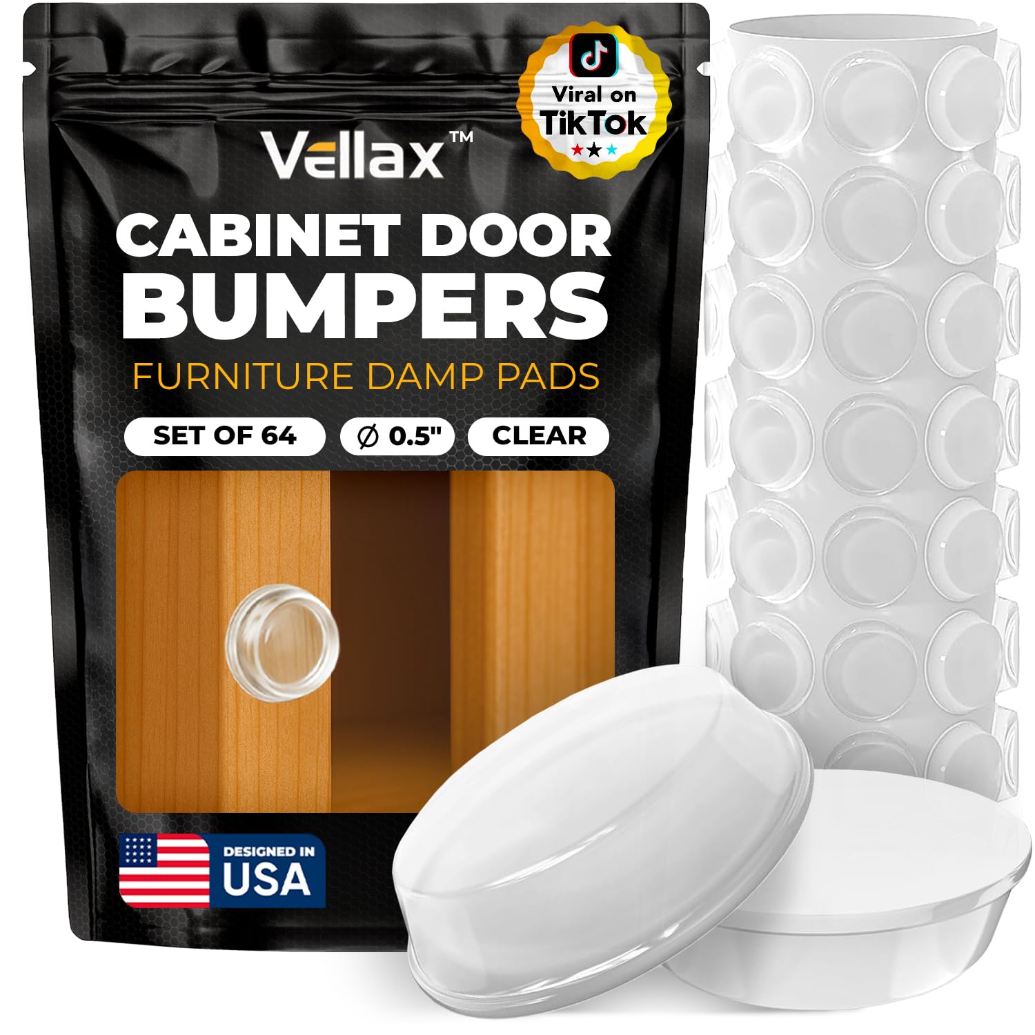 Vellax 128 & 64 Clear Cabinet Door Bumpers & 20 Clear Silicone Bumper Strips - 1/2 Inch Self Adhesive Rubber Stoppers for Drawers, Damp Pads Cupboards, Cutting Boards, Glass Tops, Picture Frames