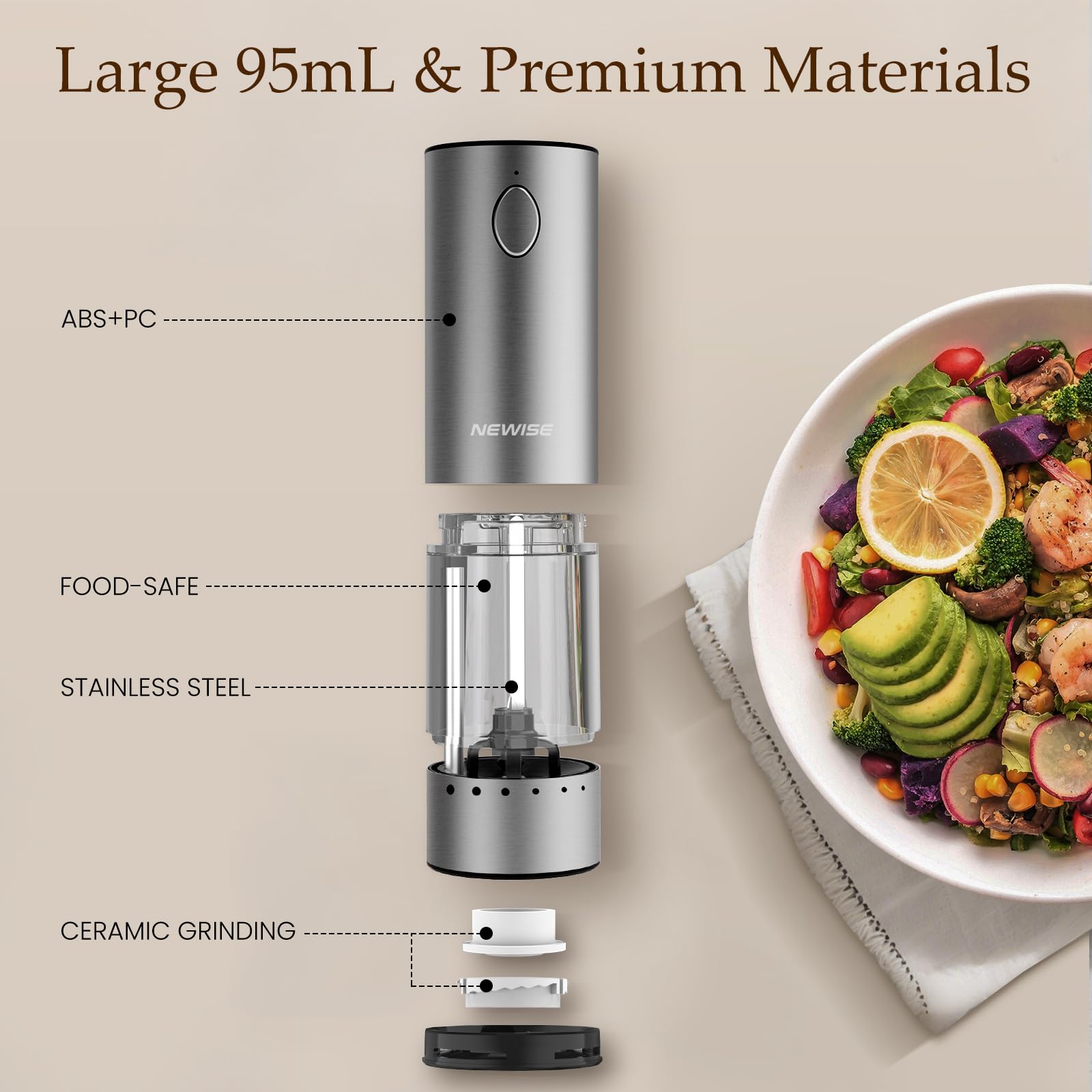 Newise Electric Salt and Pepper Grinder Set - Birthday Kitchen Gifts for Women, Mom, Rechargeable with LED Lights, Stainless Steel Automatic Mill, Adjustable Coarseness, Large Capacity, Silver