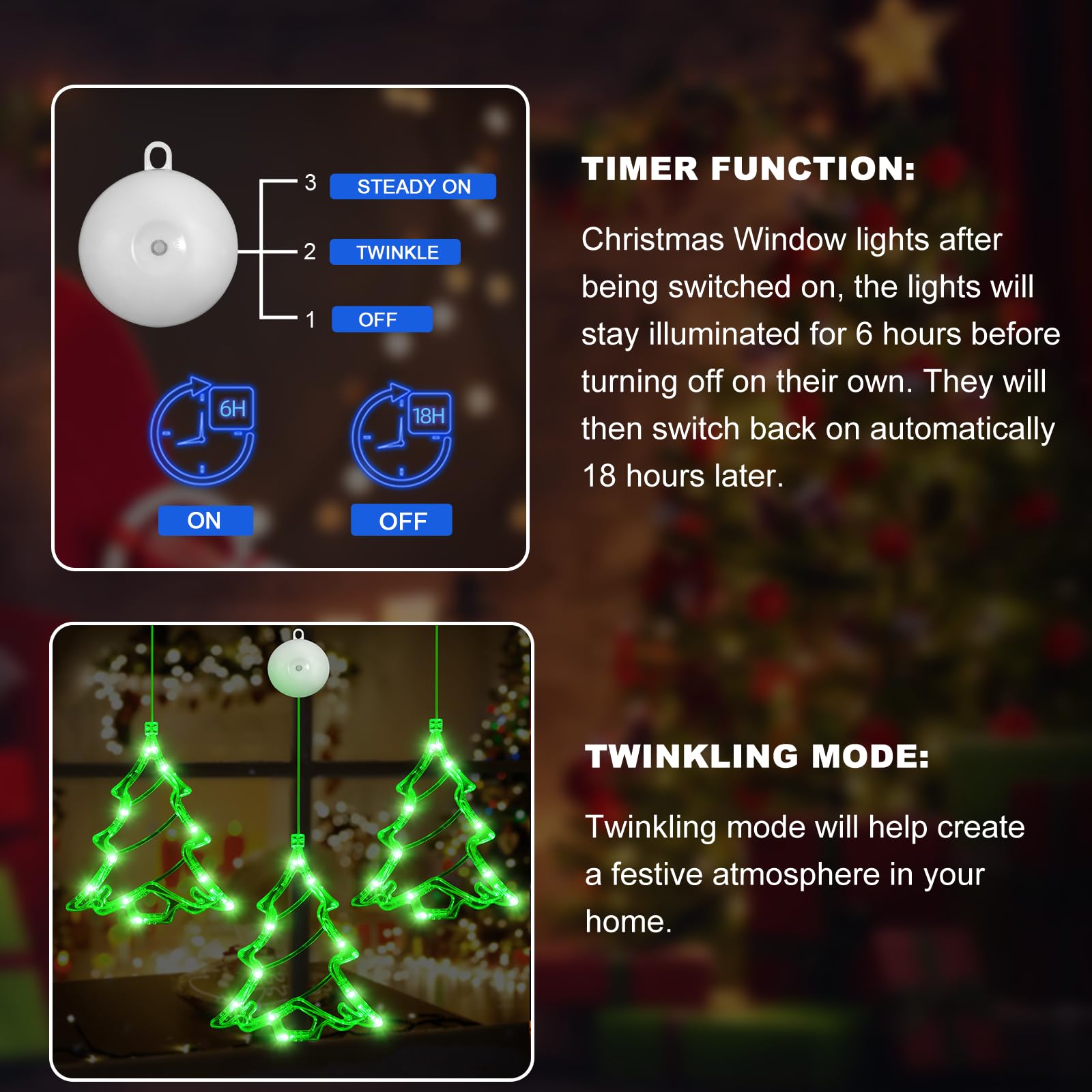 LYUBASA [Timer] 3Pcs Christmas Window Lights Decorations, Battery Powered Christmas Window Hanging White Lighted Tree Shaped LED Sucker Lamp for Xmas Tree Fireplace Window Indoor Outdoor Decor