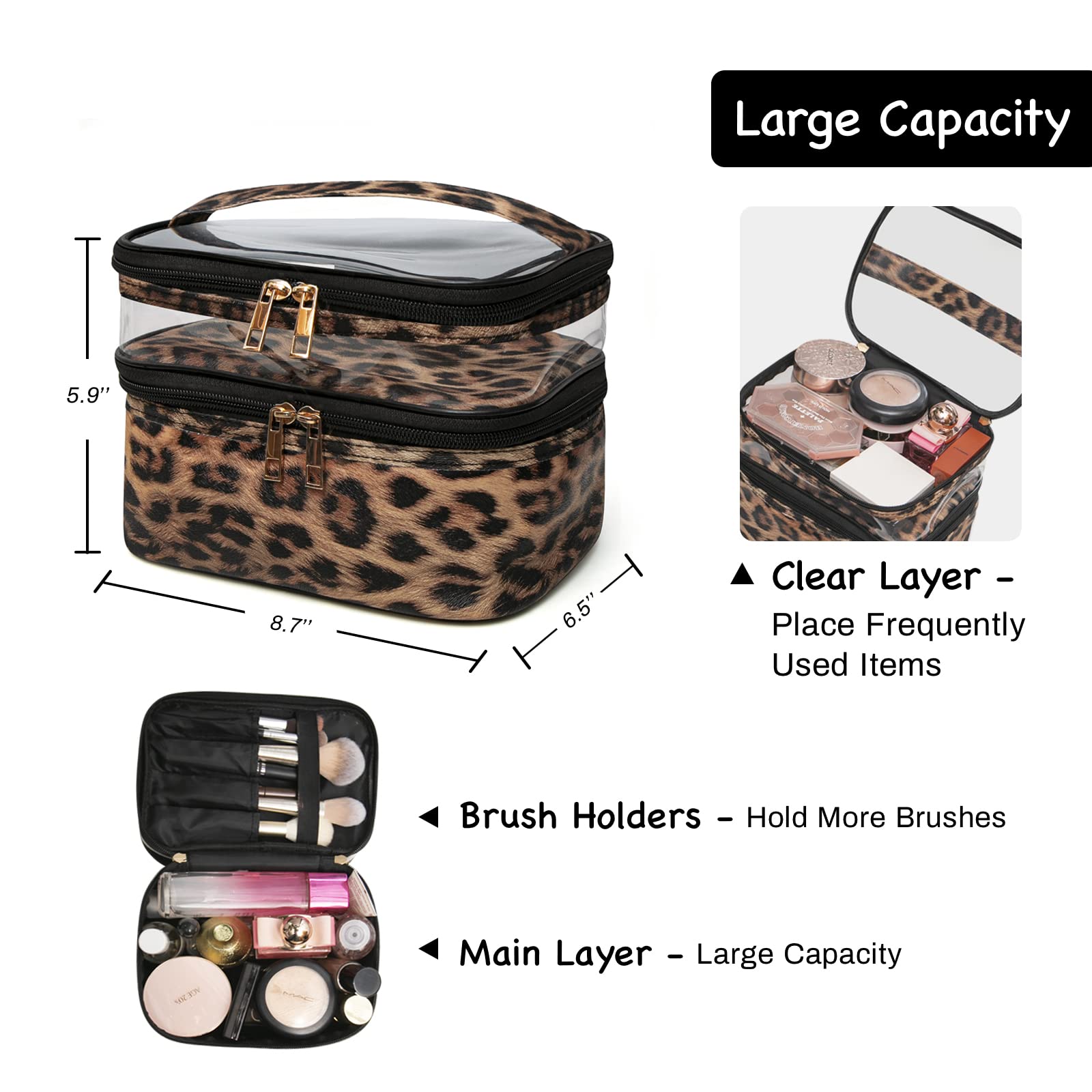 imerelez Double-layer Cosmetic Bag Makeup Bag Travel Makeup Bag Makeup Bags for Women Cosmetics Cases Portable Waterproof Foldable (Leopard)