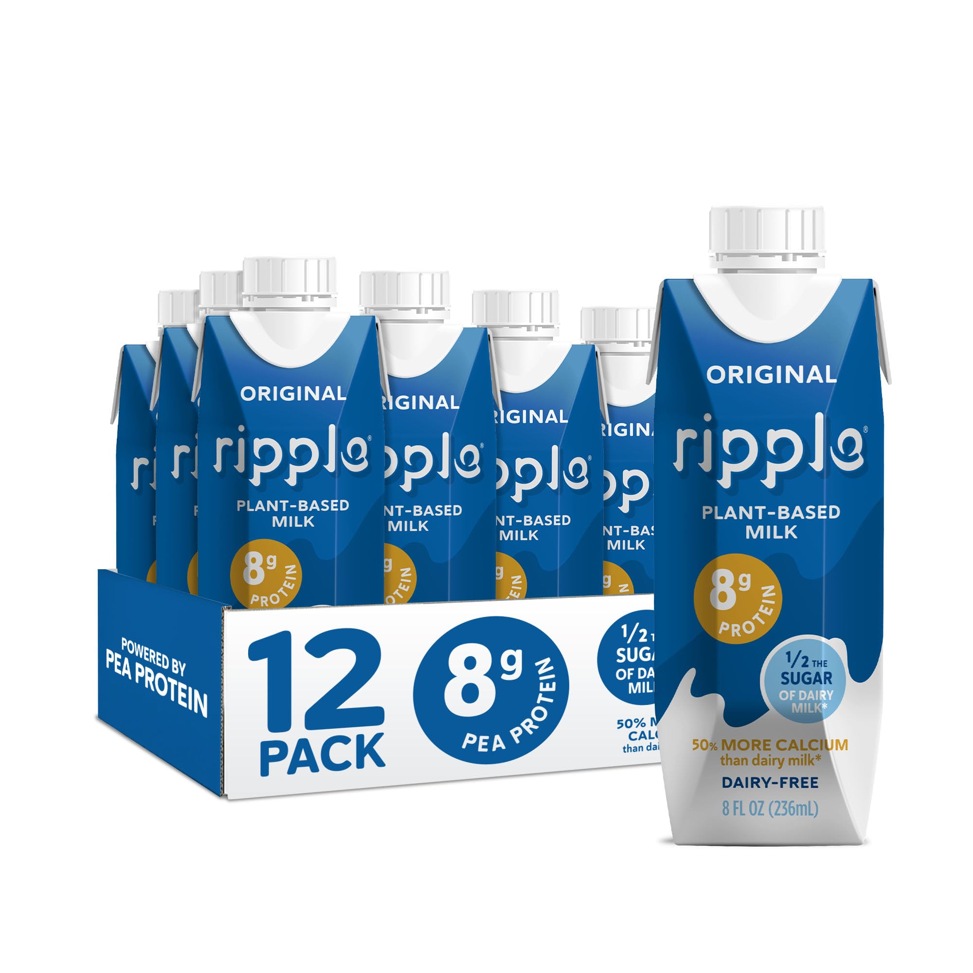 Ripple Original Plant Based Milk | 8g of Quality Sourced Pea Protein, Calcium Rich | Shelf Stable | Vegan & Non GMO Certified | Dairy, Soy, Nut, Gluten, & Lactose Free | 8 Fl Oz Cartons (Pack of 12)
