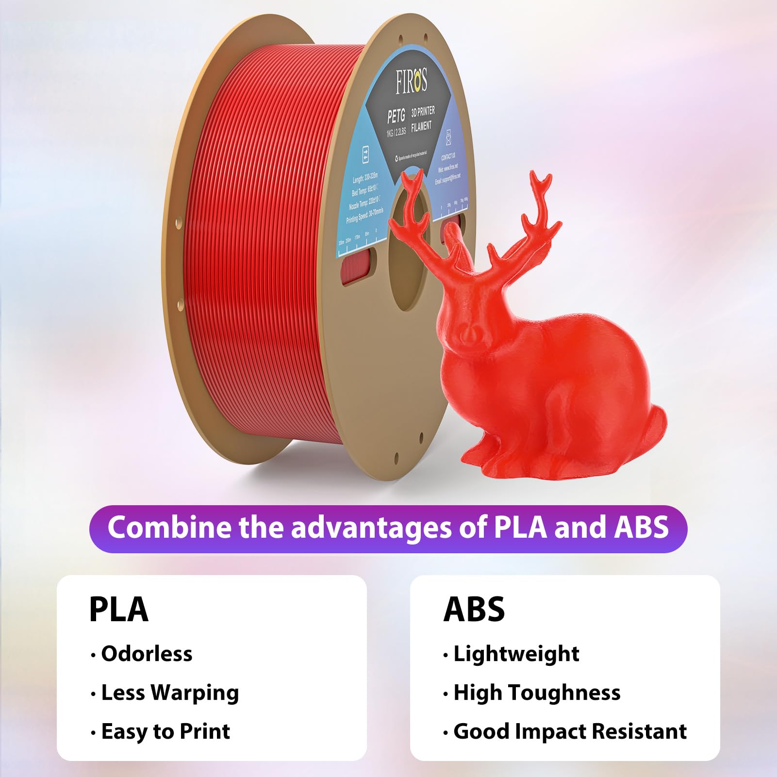 FIROS PETG 3D Printer Filament, 1kg(2.2lbs) Spool PETG Filament 3D Printing Filament, 1.75mm Dimensional 3D Printer Filament, Fit Most FDM Printer, 1 Pack PETG(Red)