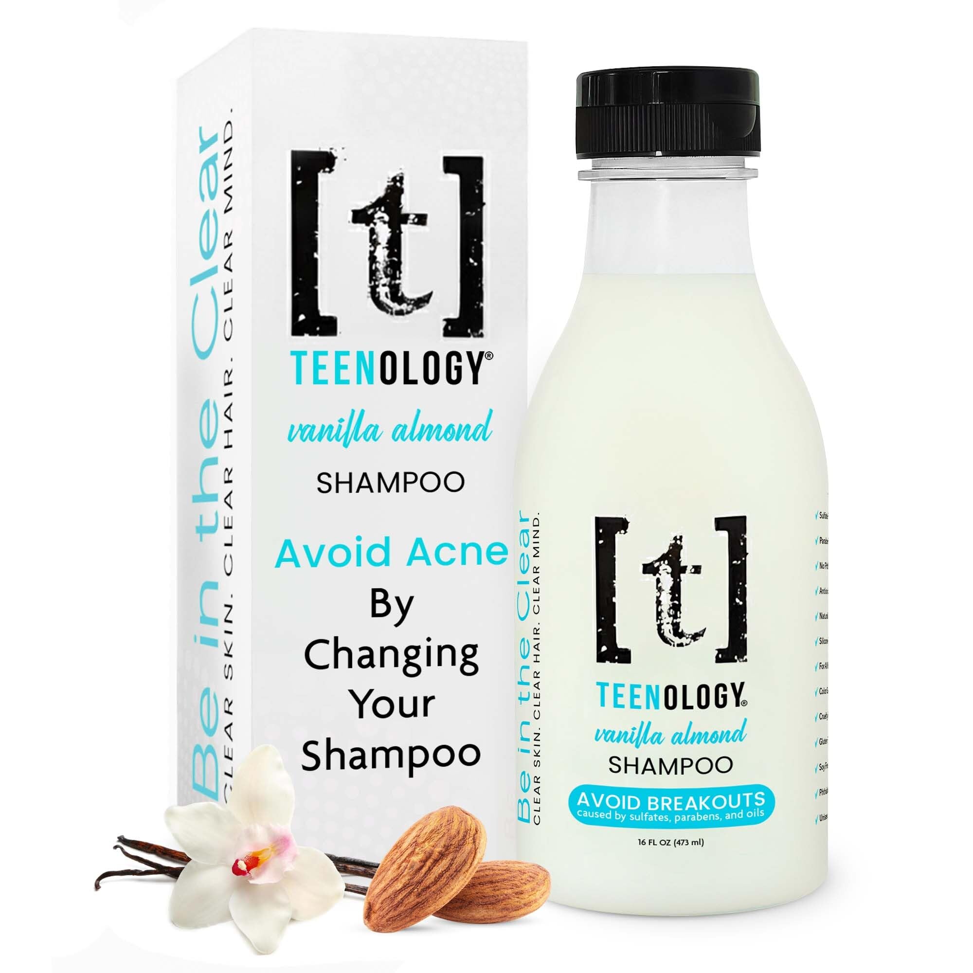 Teenology Shampoo for Teens, For Clear Skin and Healthy Hair, Natural Botanical Extracts, 16 oz. (Vanilla Almond)