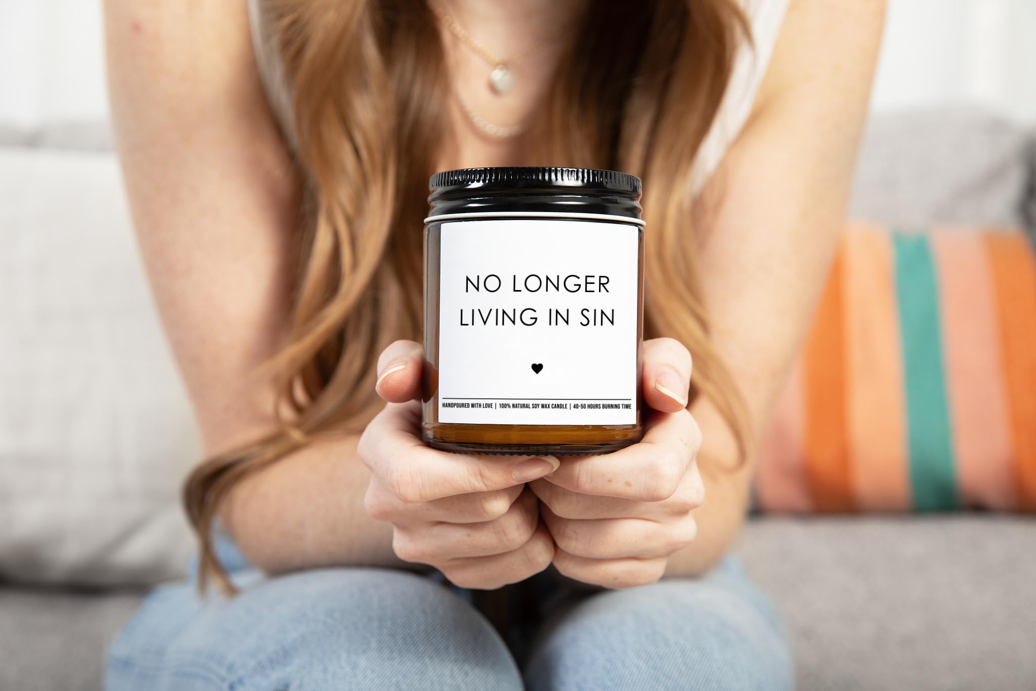 No Longer Living in Sin - Unique Couple Wedding Gift for Bride and Groom - His and Hers Anniversary Present Husband and Wife - Funny Engagement Gifts for Him and Her - 9 oz Soy Wax Candle