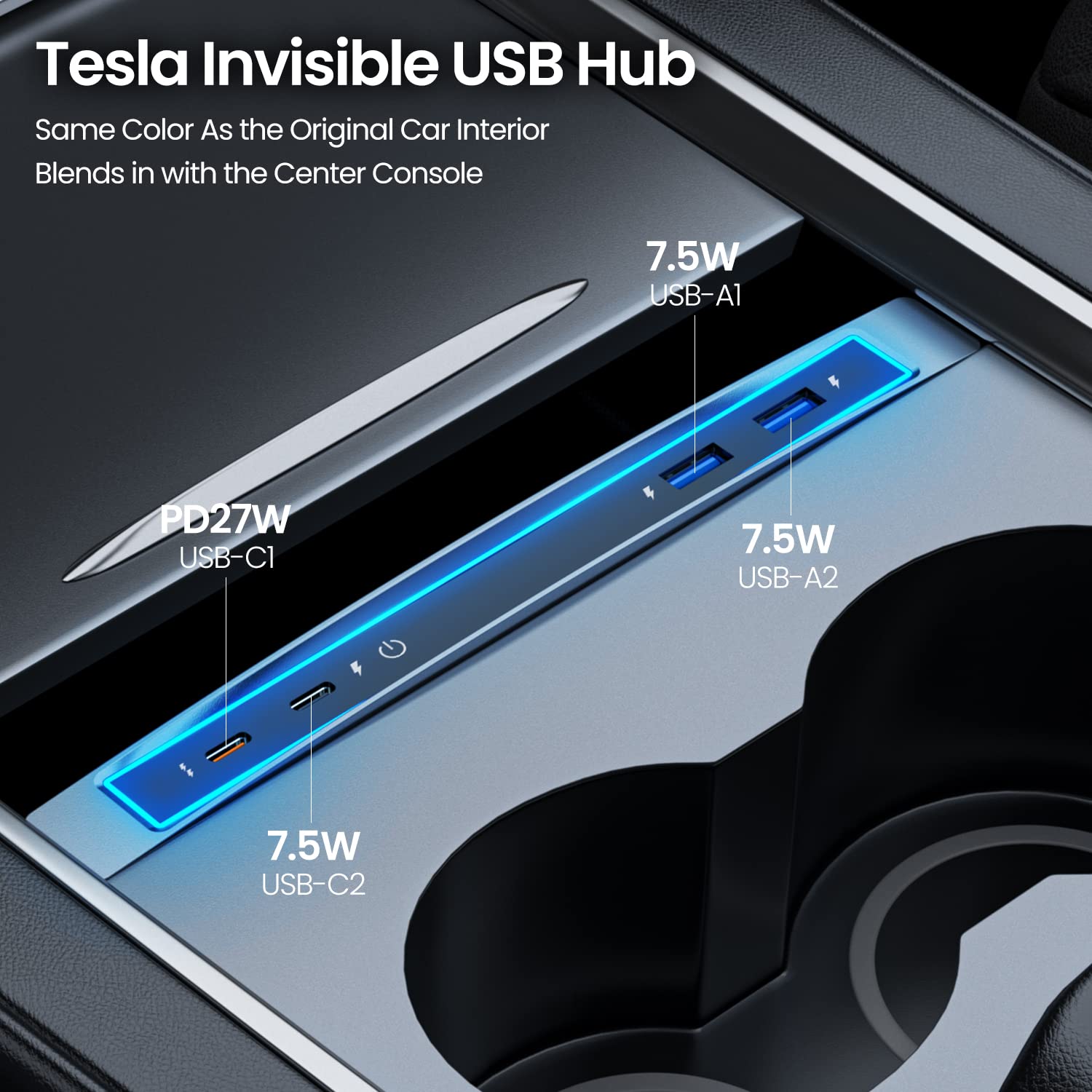 Shareway Tesla USB Hub with Blue Led Light/Voice controll Seven Colors Led Light Compatible Docking Station of Center Console Smart Sensor for Tesla 2021 2022 2023 (Model 3/Y)