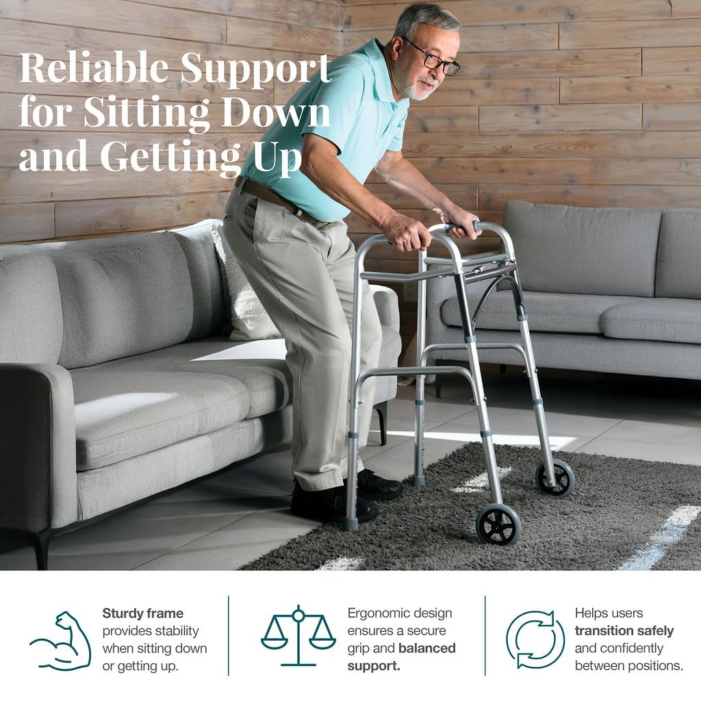 Medical King Silver Aluminum Rolling Walker for Seniors and Adults, 350 Pounds Weight Capacity, Foldable, Classic Style