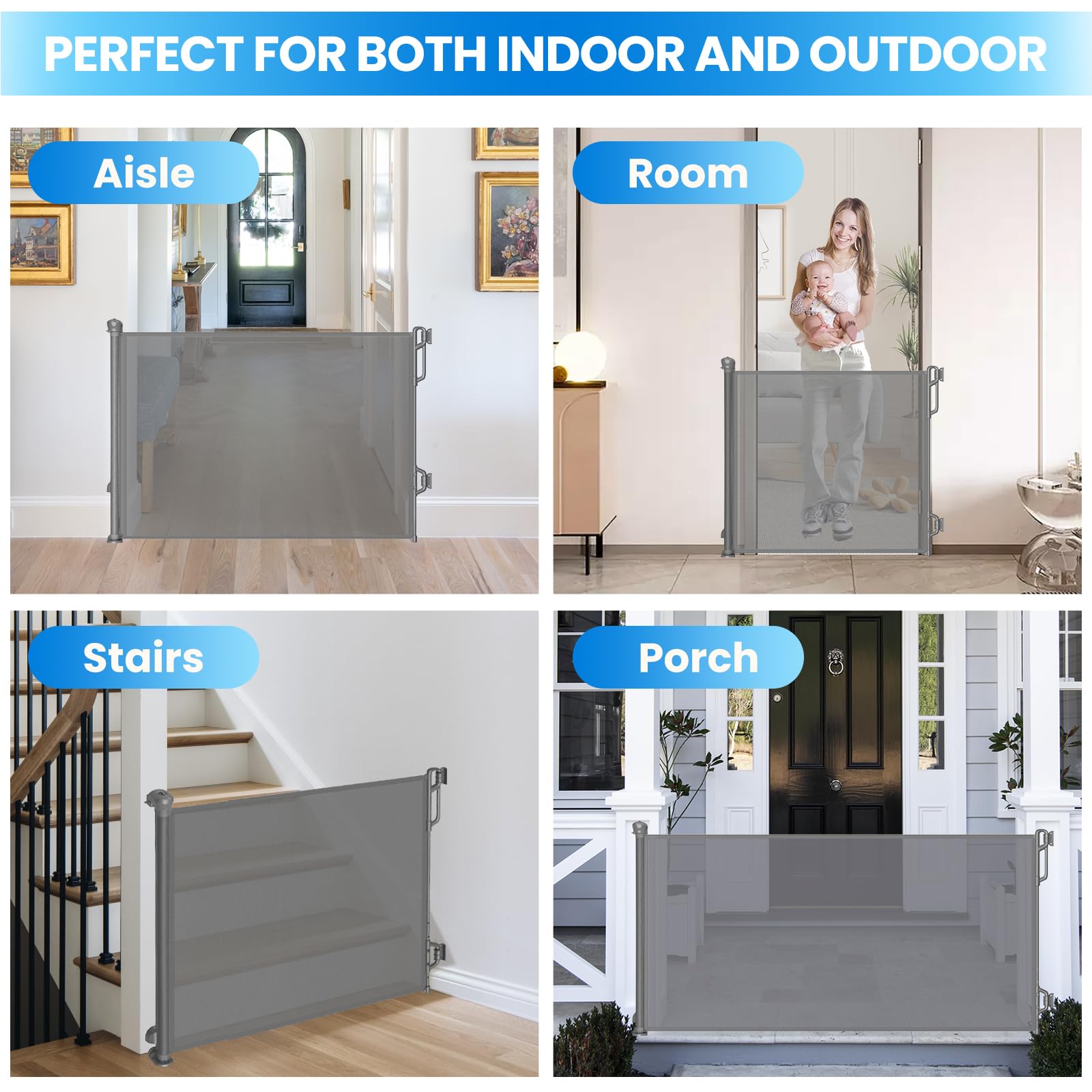 Spaceany Retractable Safety Baby Gate or Mesh Dog Gate,Durable Portable Mesh Retractable Gate,Easy to Use for Stairs, Doorways,Hallways, Indoor, Outdoor, 33.5" Tall, Extends to 55" Wide Gray