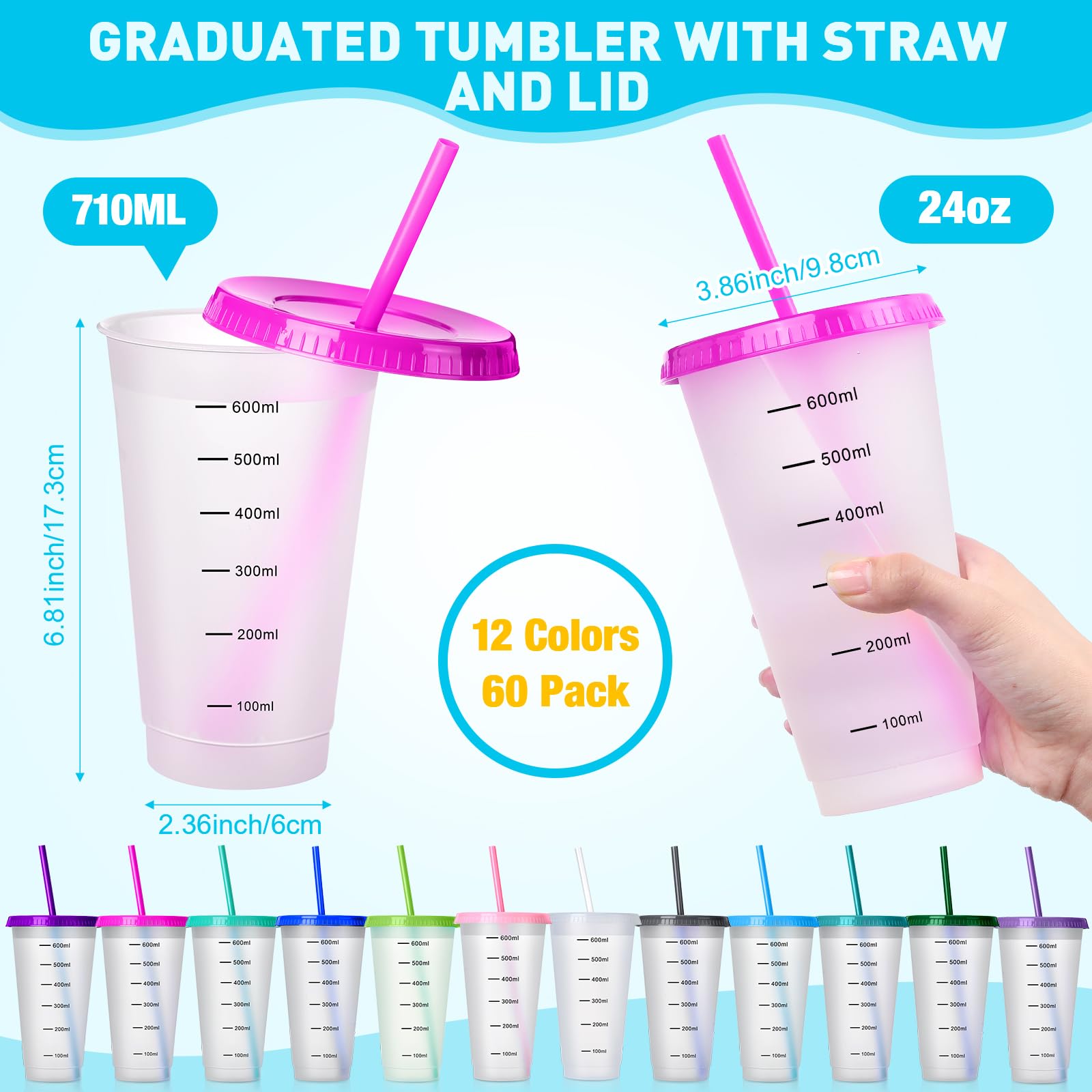 Hsei 60 Pcs Graduated Tumbler with Straw and Lid Bulk 24 Oz Plastic Reusable Cups Iced Coffee Water Bottle Travel Mug for Party Birthday Travel Water, 12 Colors