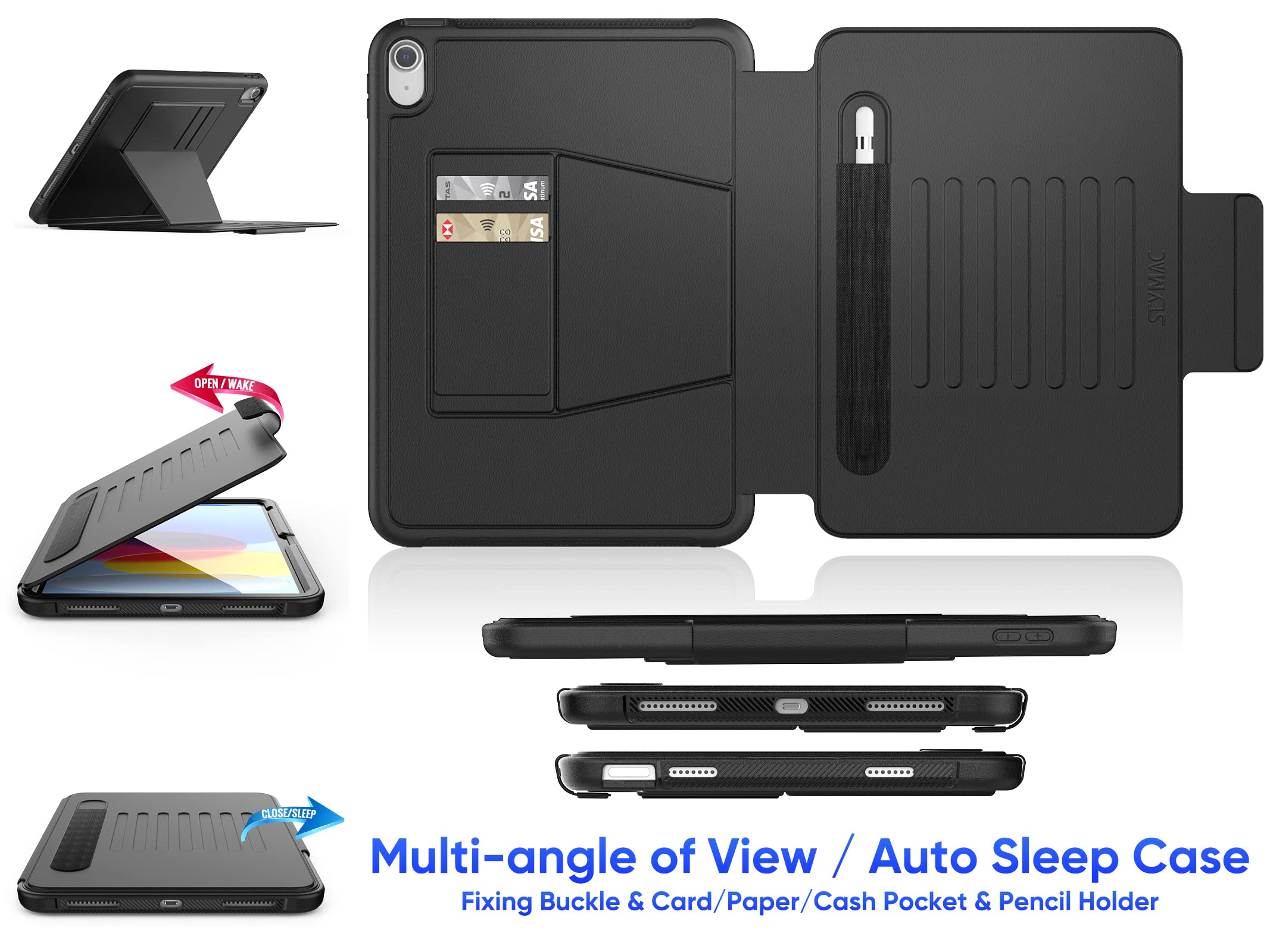 SEYMAC stock Case for iPad 10th Generation 10.9'', Strong Magnetic Auto Sleep Shockproof Case with Absorbing Multi-Angles Stand, Pen Holder, Card Slot (Black)