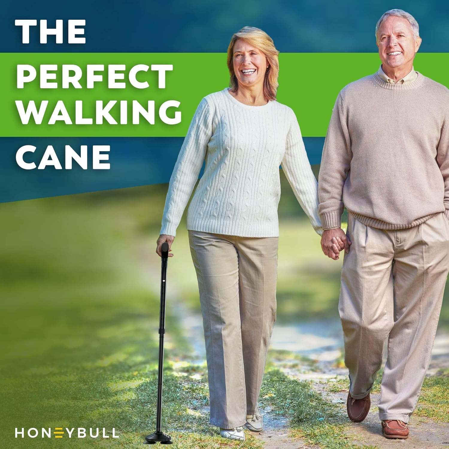 HONEYBULL Walking Cane for Men & Women Foldable, Adjustable, Heavy Duty, Free Standing, All Terrain, Collapsible Walking Sticks for Seniors & Adults (Black)