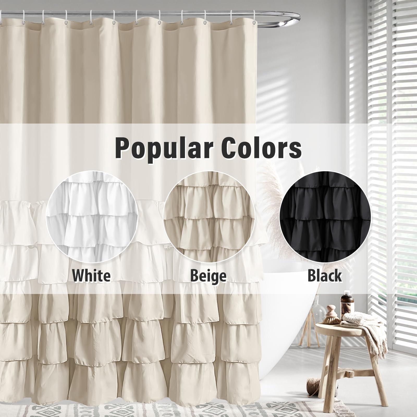 Seasonwood Beige Ruffle Shower Curtain Neutral Shower Curtain Button Design Farmhouse Country Style Rustic Decorative Fabric Shower Curtains