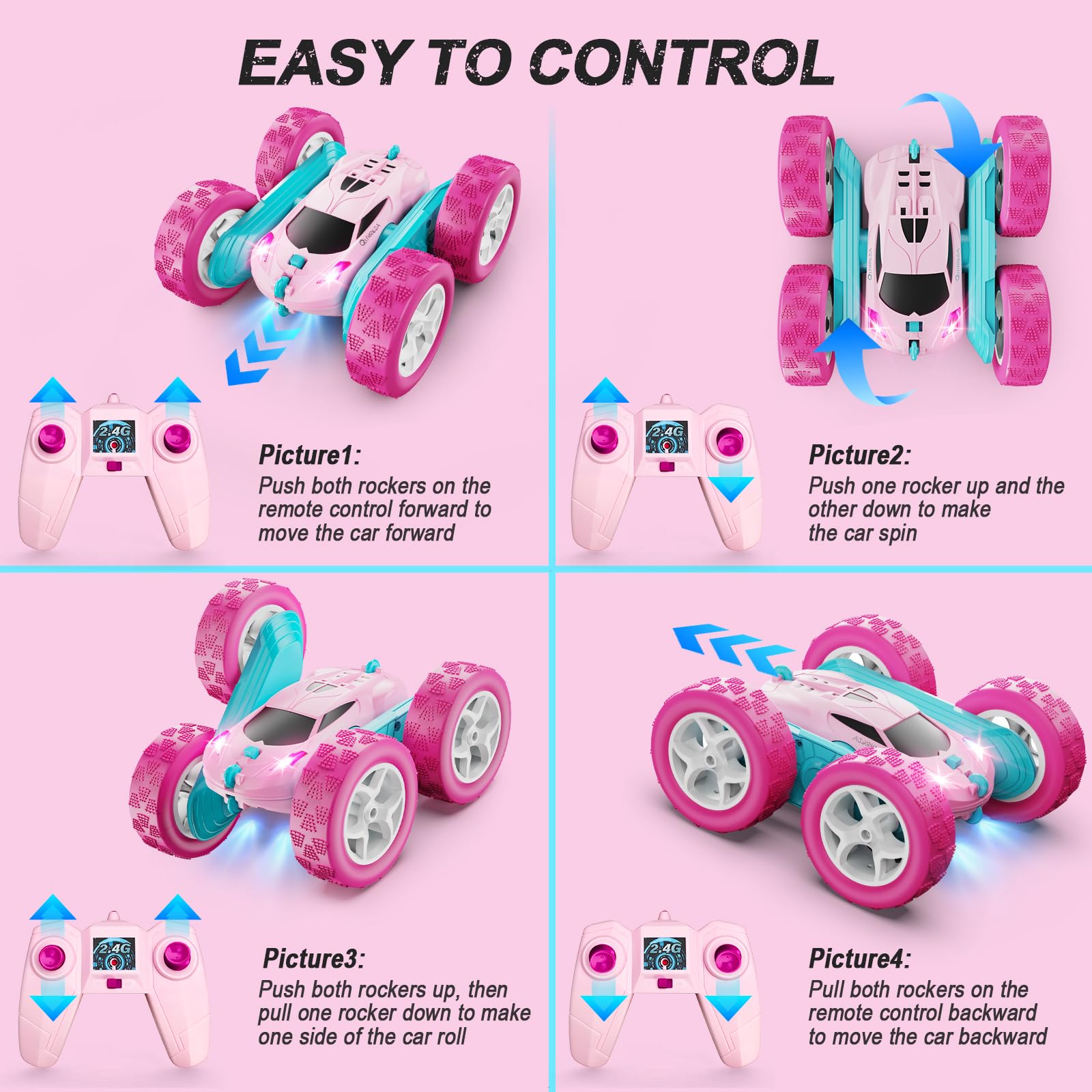 QUNREDA RC Cars, Pink Remote Control Car for Girls, 2.4 GHZ Double Sided RC Stunt Car 360° Rotating Remote Control Crawler with Headlights Car Toys for 6 7 8 9 10 11 12 Girls Birthday