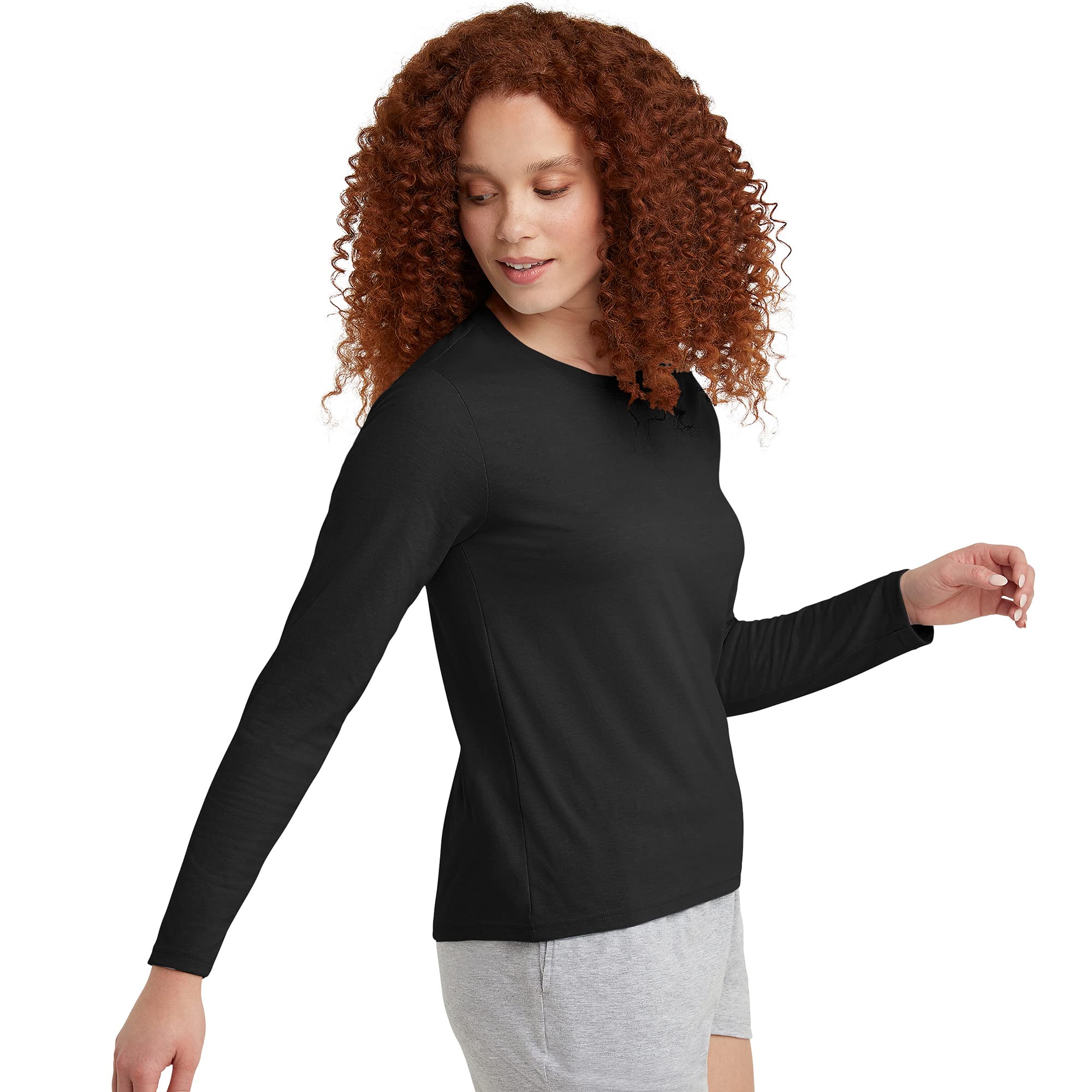 Hanes Comfortblend Women's Originals Long-Sleeve T-Shirt, Tri-Blend Lightweight Jersey Tee, Curved Hem, Available in Plus, Black