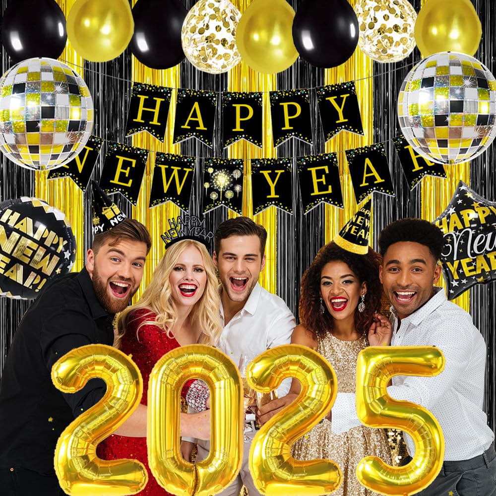 IMISHM Happy New Year Decorations 2025 New Years Party Decorations New Years Eve Party Supplies With Happy New Year Banner New Years Balloons Blowouts Squakers And Hats for New Years Decorations