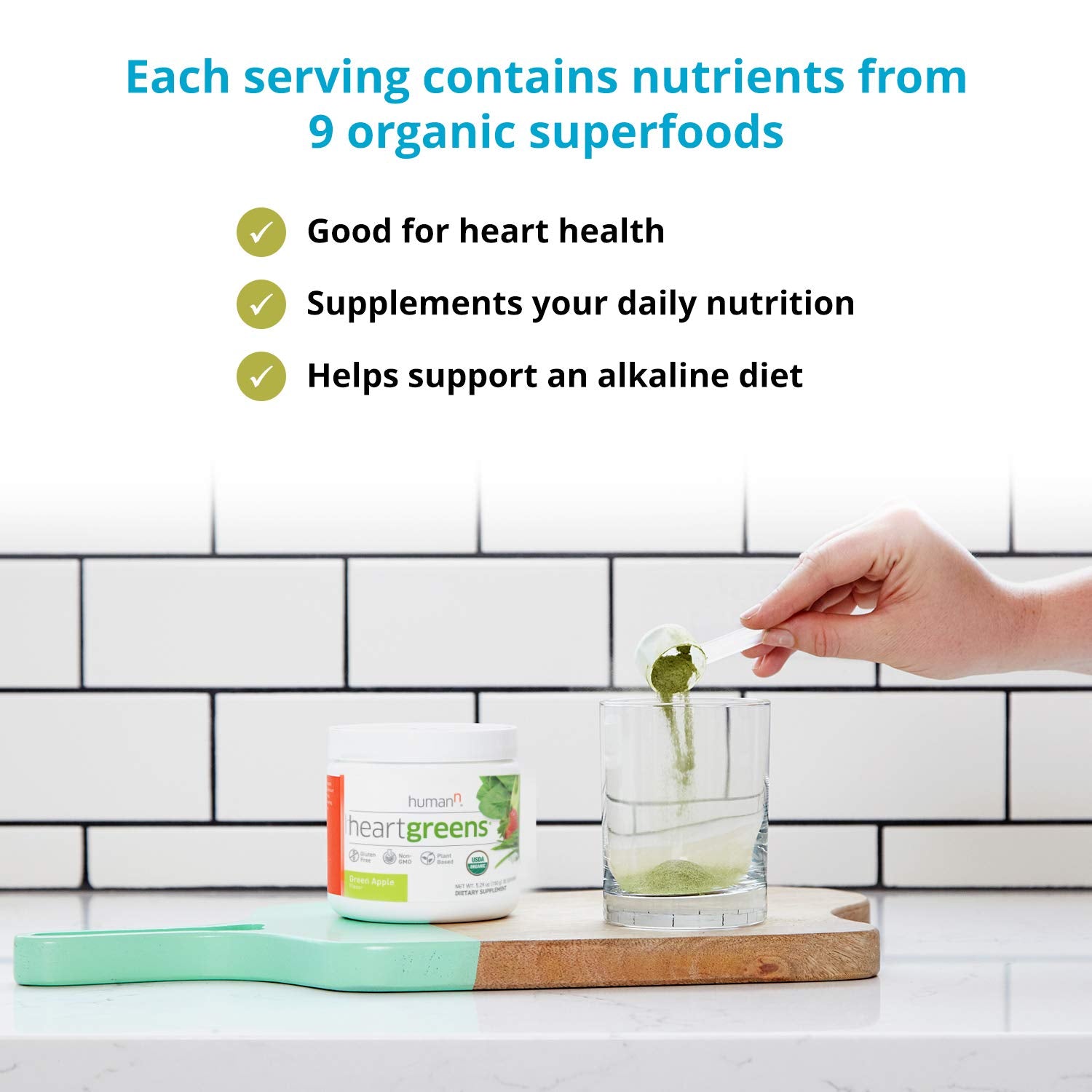 humanN HeartGreens | Superfood Organic Powder with Wheatgrass, Kale, Spinach, and Spirulina, USDA Organic Non-GMO, from The Makers of SuperBeets (Green Apple Flavor, 5.29-Ounce