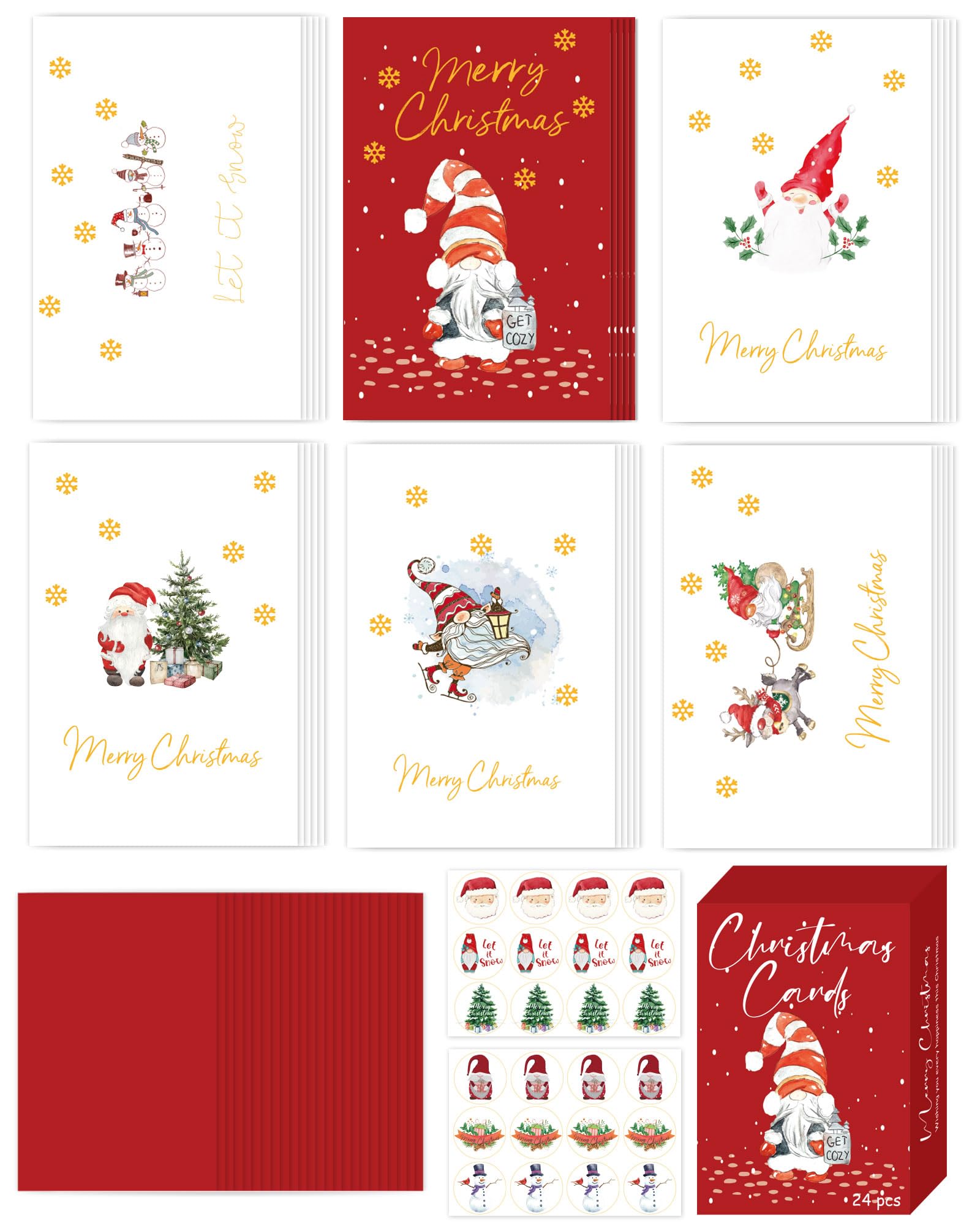 RINOLY Set of 24 Gnome Christmas Cards Boxed with Envelopes and Stickers,Gold Foil Christmas Gnome Cards,6 Assorted Designs Holiday Cards,Bulk Christmas Greeting Cards- 4x6 inch