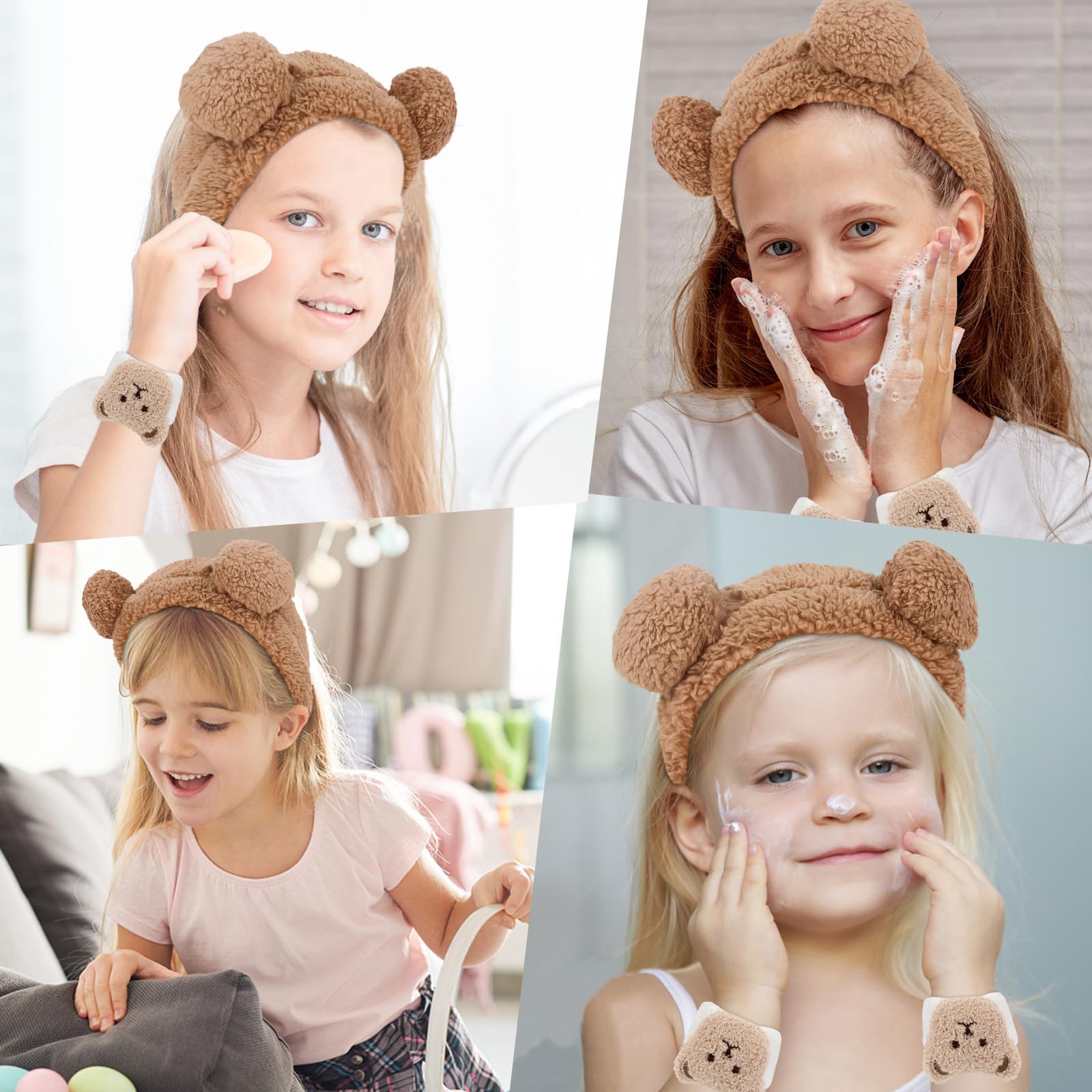 Casoty 3 Pcs Bear Ears Headband, Animal Ear Headband, Face Wash Headband and Wristband Set, Cute Ear Headband, Makeup Headband for Party Cosplay Makeup Washing Face