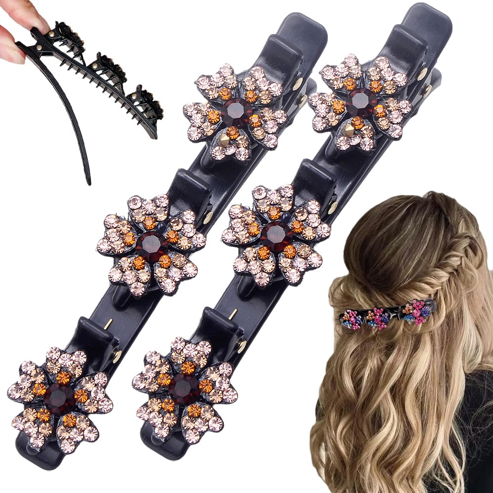 2 Pcs Sparkling Crystal Stone Braided Hair Clips, 2024 New Satin Fabric Hair Bands Rhinestone Four-Leaf Clover Hair Clip for Styling, Duck Bill Clips for Women Girls (C)