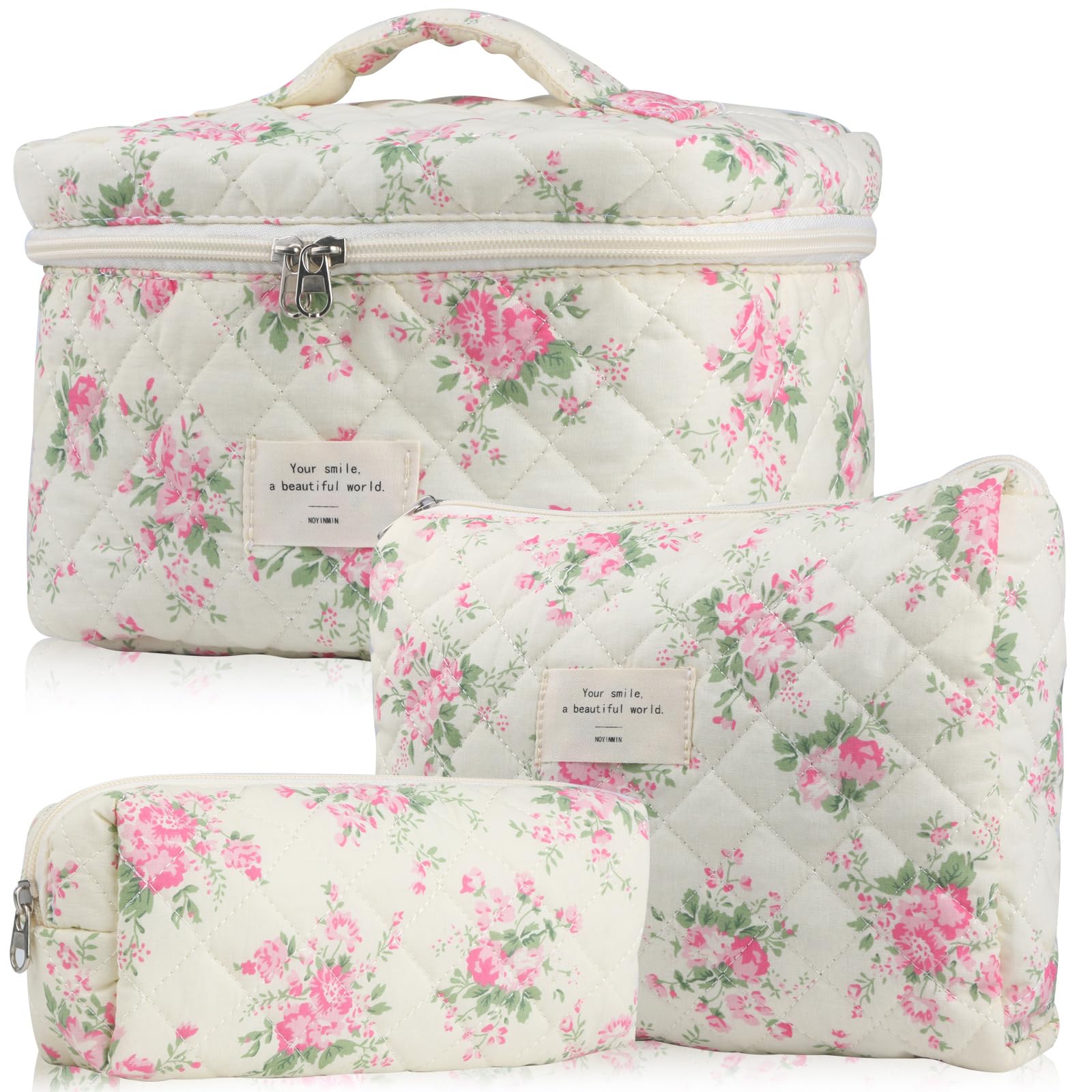 NOYINMIN Cute Makeup Bag for Women(3 Pcs), Quilted Floral Coquette Aesthetic Make up Bags, Travel Cosmetic Bags Toiletry Organizer Bag(Pink Flower)