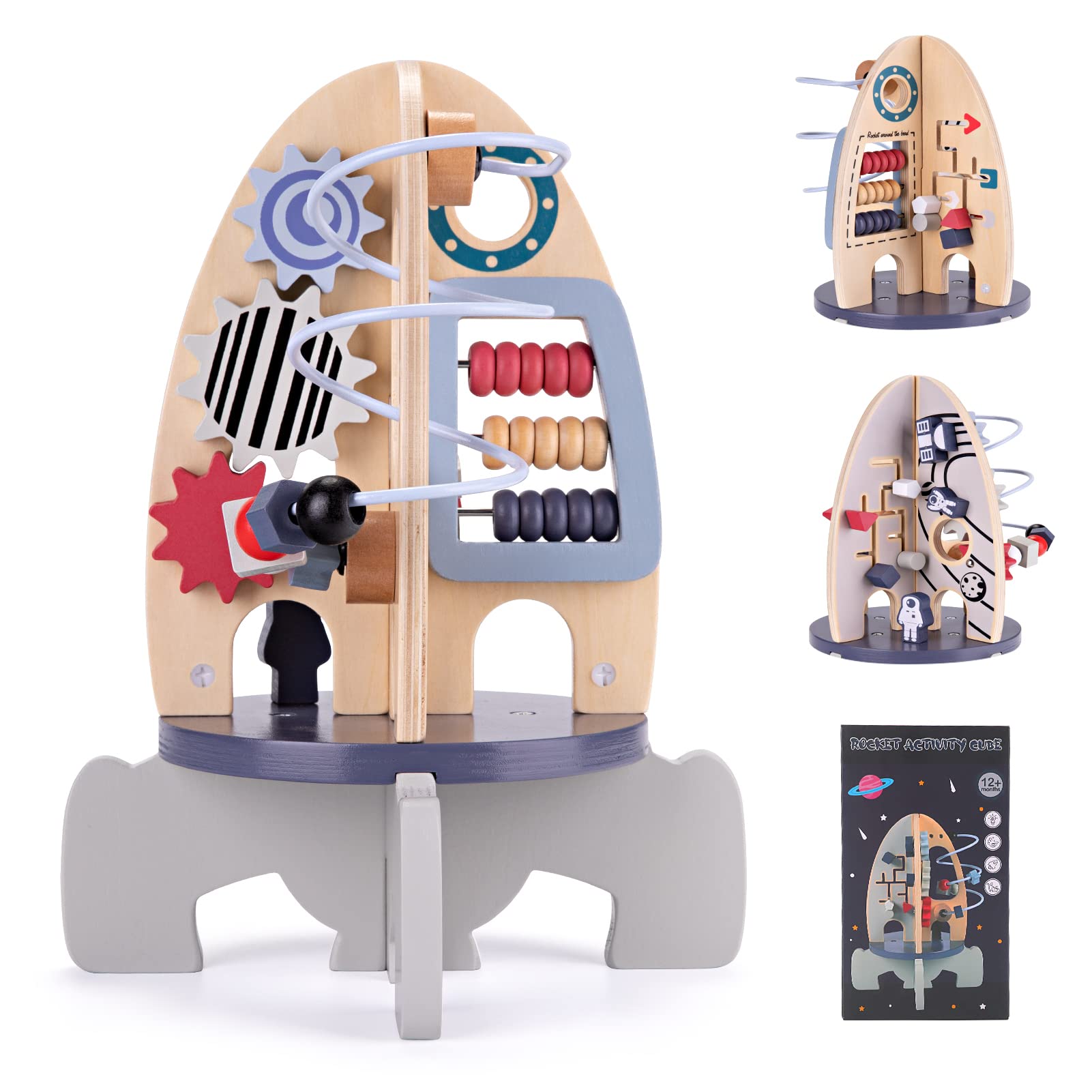 Wdmiya Space Wooden Activity Cube Toys for Baby, Montessori Toys for 1 Year Old Boy & Girl Birthday Gifts, Sensory and Educational 1st Birthday Gifts, Busy Board Toys for Baby Boy 6-18 Months (Rocket)