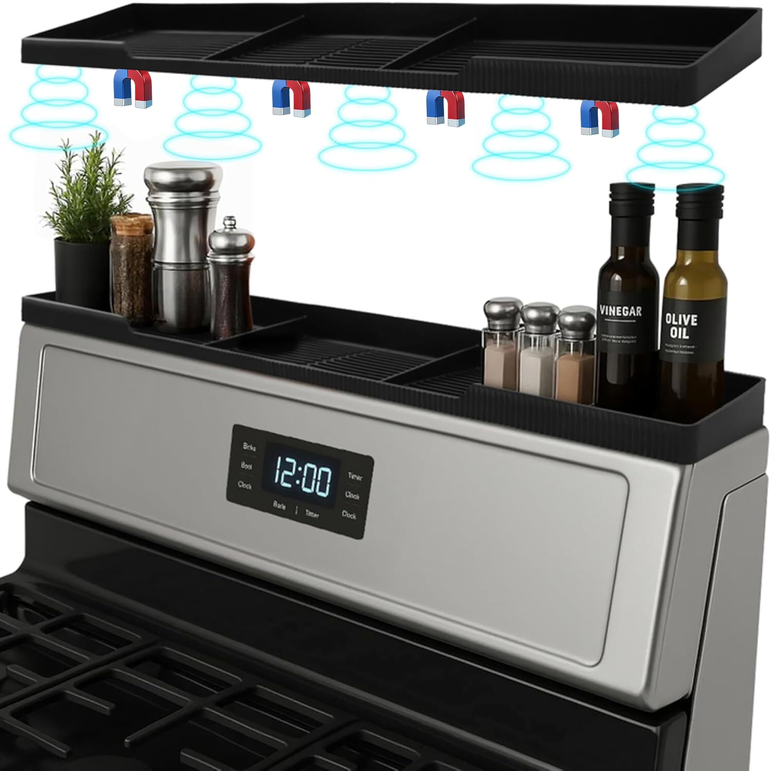 Silicone Magnetic Over the Stove Shelf for Back of Stove - Magnetic Stove Top Shelf and Over Stove Shelf, Over Oven Shelf for Top of Stove, Over the Stove Spice Rack, Includes 6 Extra Plates (Black)