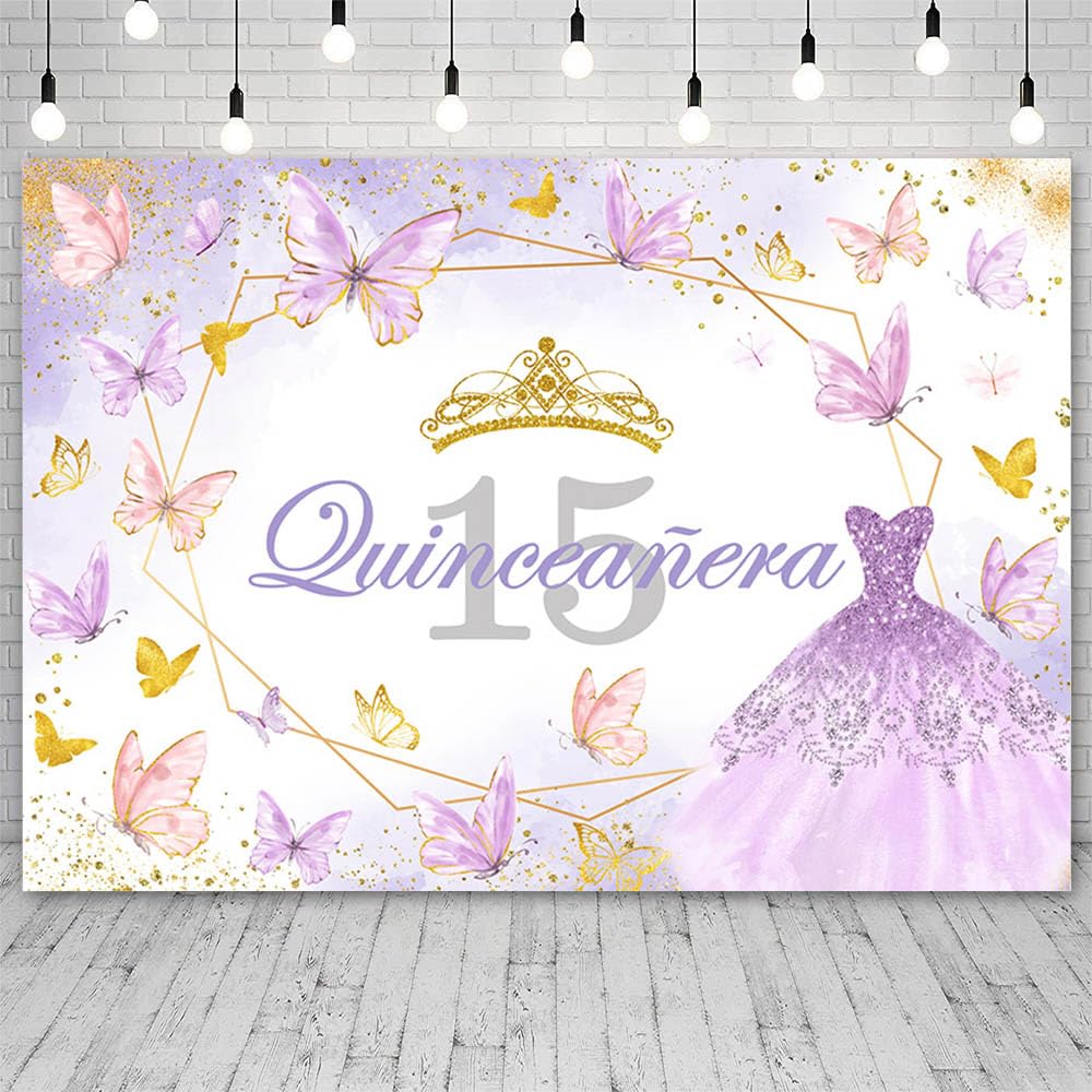 AIBIIN 7x5ft Quinceanera 15th Birthday Backdrop for Photography Purple 15th Birthday Party Decorations Background for Girls Crown Princess Dress Butterfly Banner Photo Props