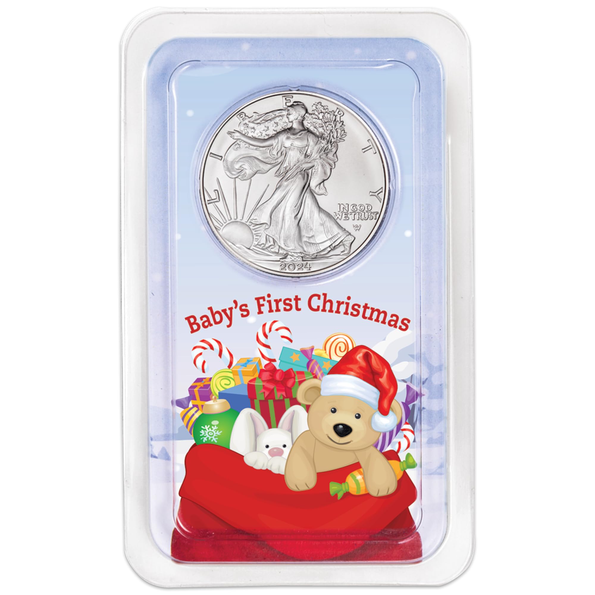 2024 American Silver Eagle Dollar Uncirculated in Baby's First Christmas Showpak