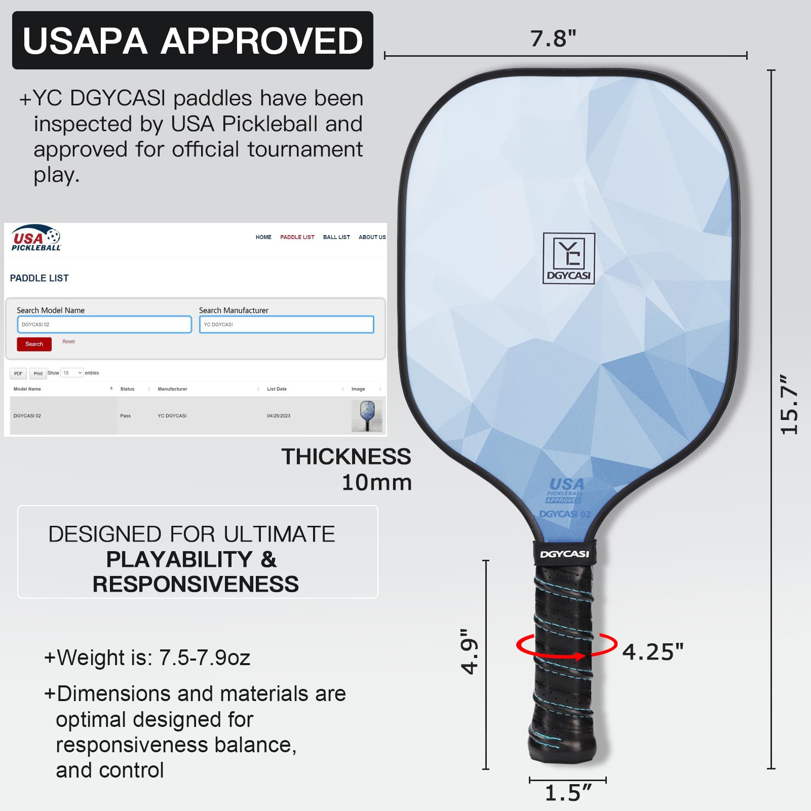 Pickleball Paddles Set of 4, USAPA Approved, Fiberglass Surface (CHS), Polypropylene Lightweight Honeycomb Core, 3 Outdoor Pickleball, 3 Indoor Pickleball, 4 Replacement Soft Grip, Pickleball Bag