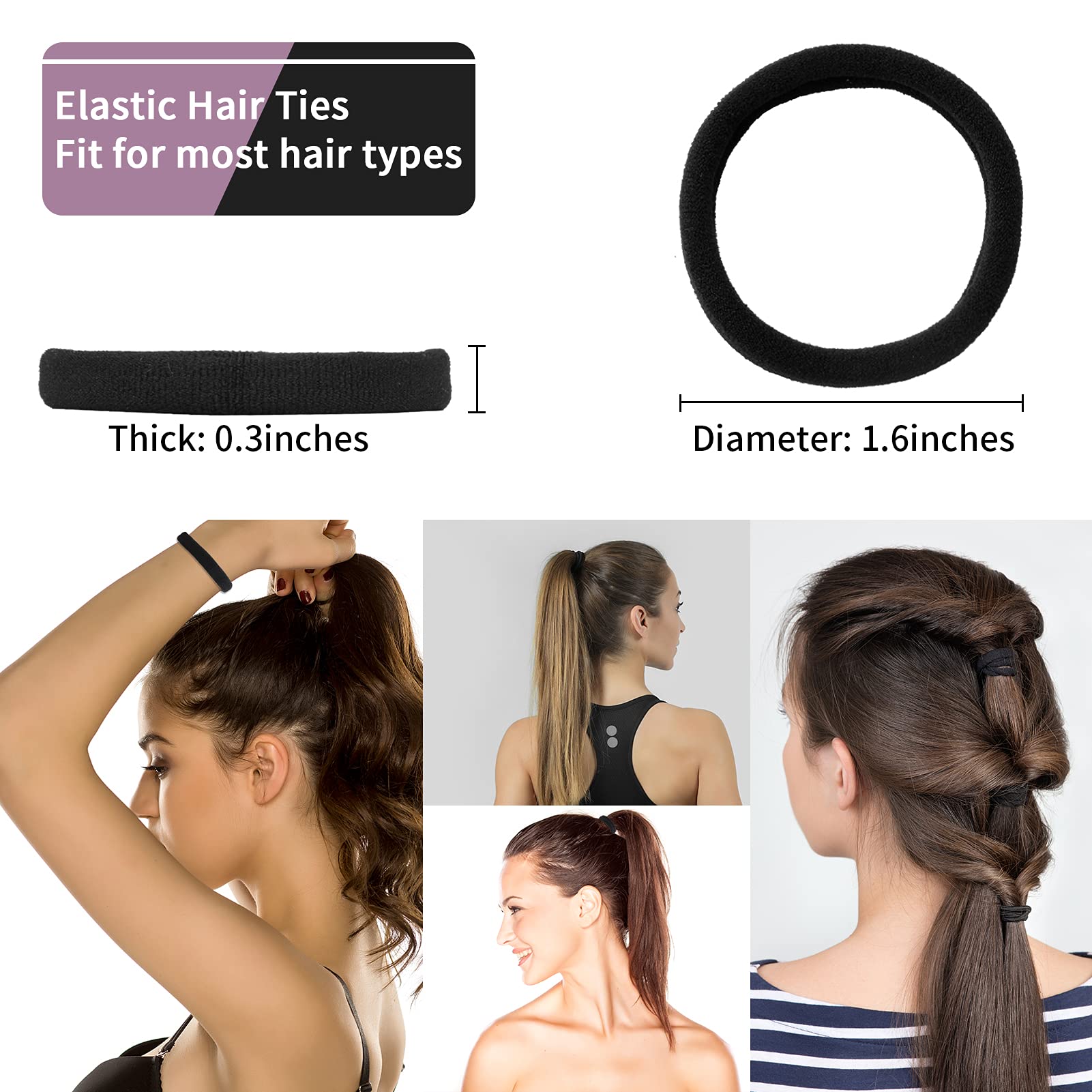 100PCS Black Hair Ties for Women, Seamless Cotton Hair Bands, No Crease No Damage Hair Tie for Thick Thin Hair, Soft Ponytail Holders Hair Accessories for Girls, Christmas Gifts Holiday Accessories