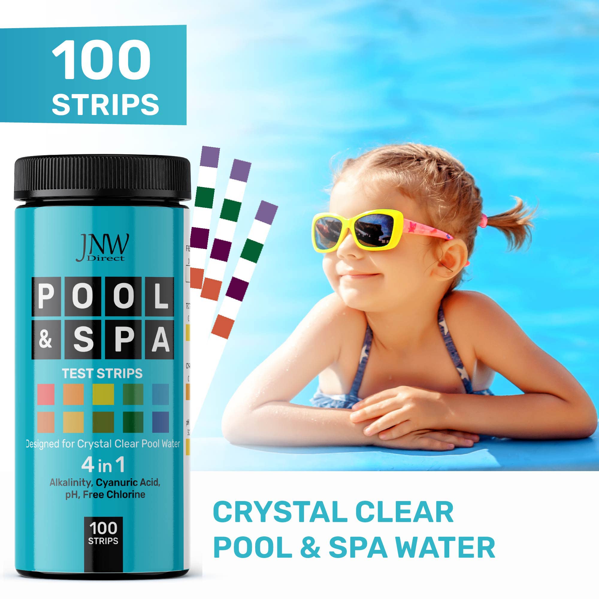 JNW Pool Test Strips, 4in1 Quick & Accurate 100 Pool and Spa Test Strips, Pool Water Test Kit - Free Chlorine, pH, Alkalinity, Cyanuric Acid Pool Water Tests, Spa and Hot Tub Test Strips with E-Book