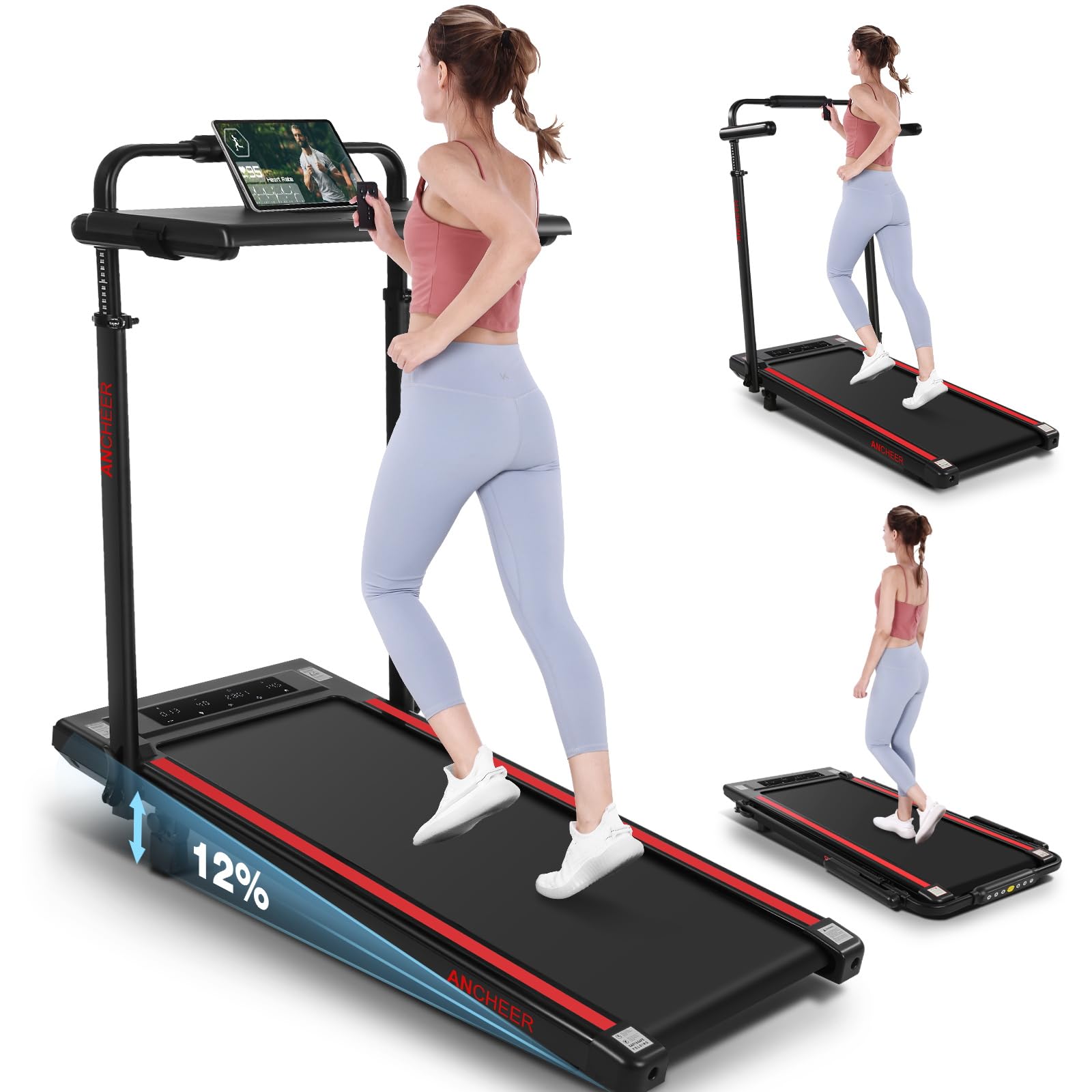 ANCHEER Treadmill with Desk Workstation& Adjustable Height, Folding Treadmill with 8% Incline,3.5HP Walking Pad for Home, 300lbs Weight Capacity/Ultra-Quiet/3 Type Control(Black Red)