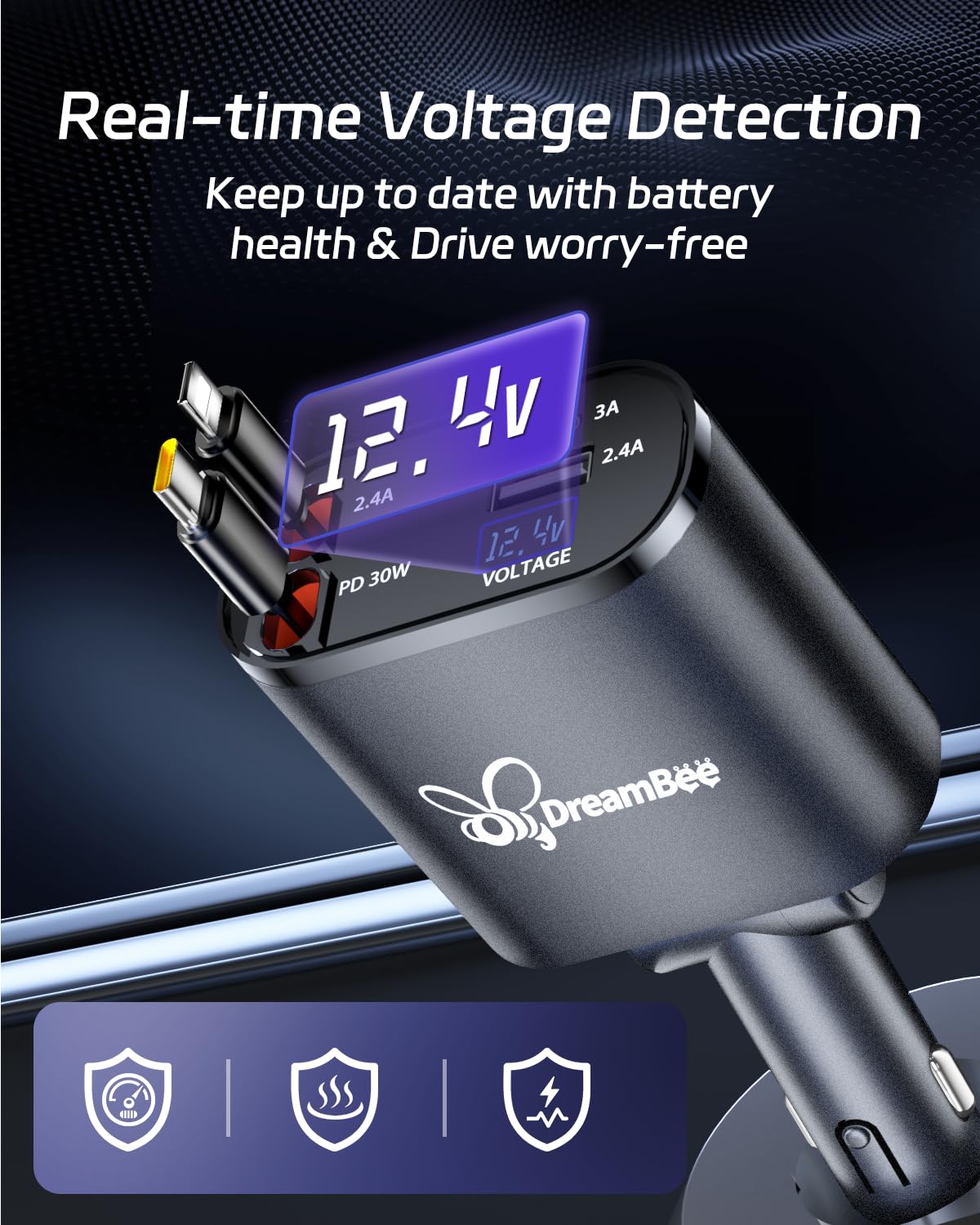 DreamBee Retractable Car Charger,66W 4 in 1 Super Fast Charge Car Phone Charger,Retractable Cables (31.5 inch) and 2 USB Ports Car Charger Adapter for iPhone 15/14/13/12 Pro Max XR,iPad,Samsung,Pixel