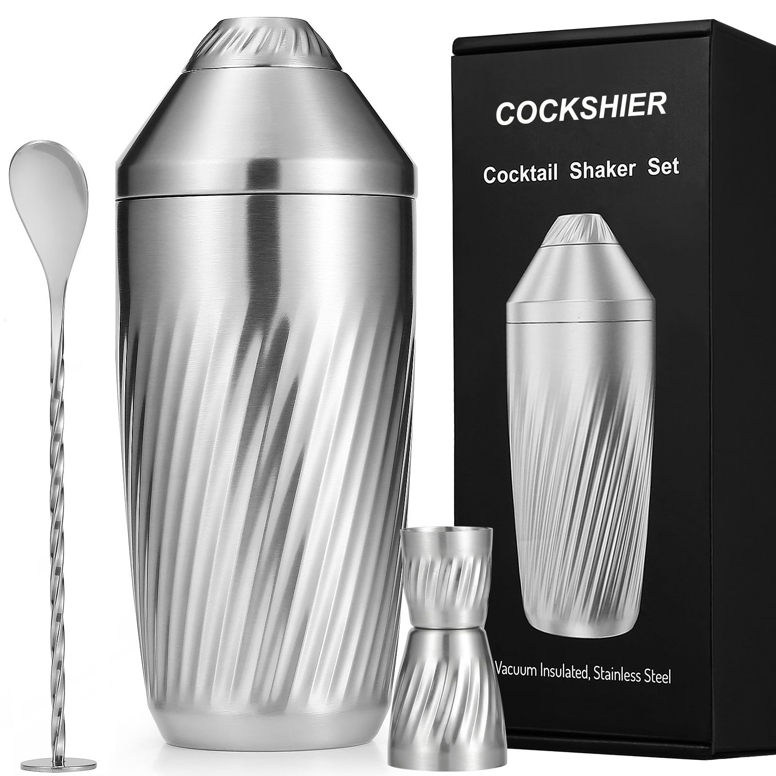 Cocktail Shaker Bar Set - Innovative Premium Vacuum Insulated Stainless Steel Drink Shaker Double Wall Margarita Mixer Jigger & Mixing Spoon Set - Martini Shaker for Home Bartender - 28oz