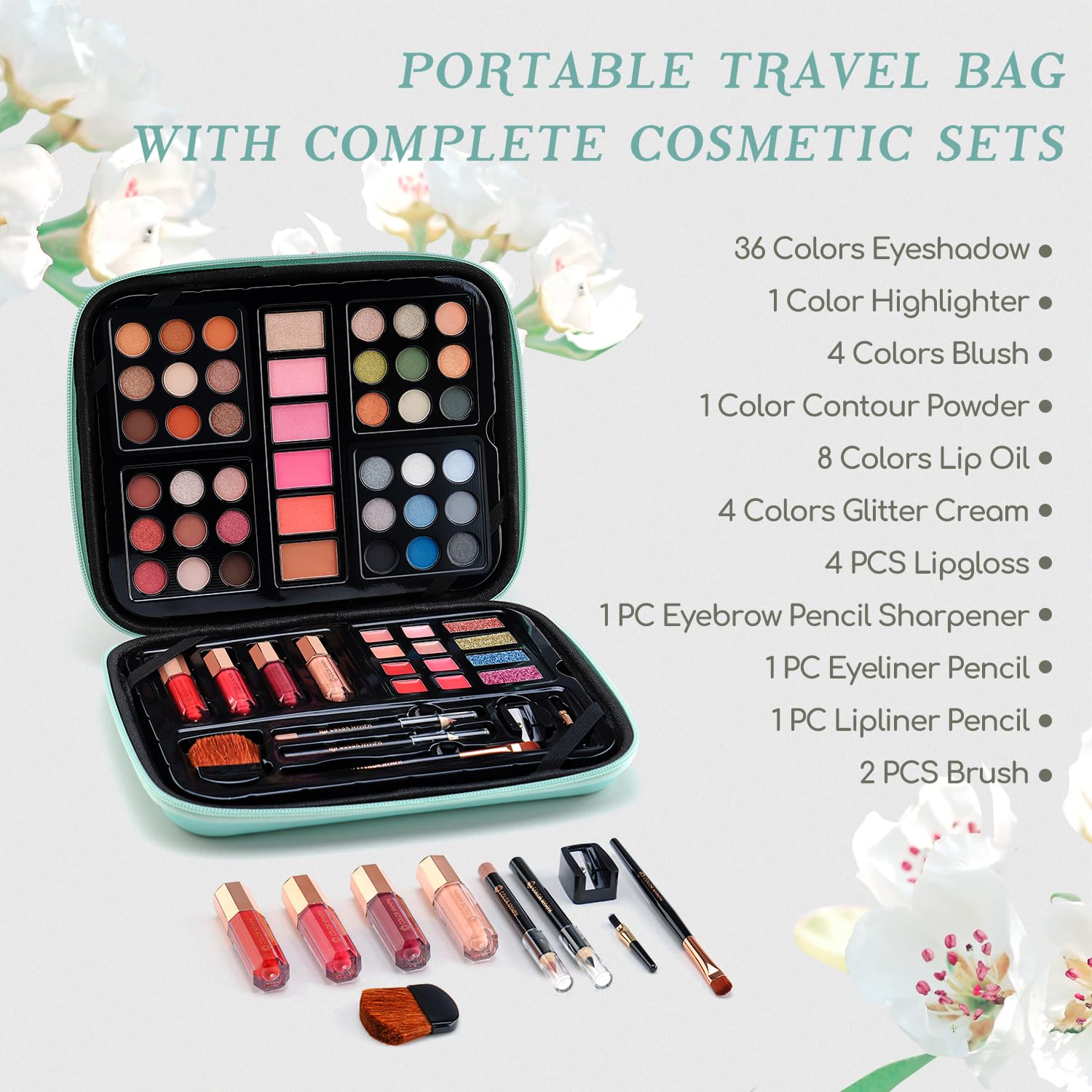 Color Nymph Beginner Makeup Kits Gift for Teens, Makeup Palettes with Reusable Handbag Includes 36 Colors Eyeshadow Blushes Bronzer Highlighter 4 Colors Lipgloss, Lip Oil Brushes Mint Green