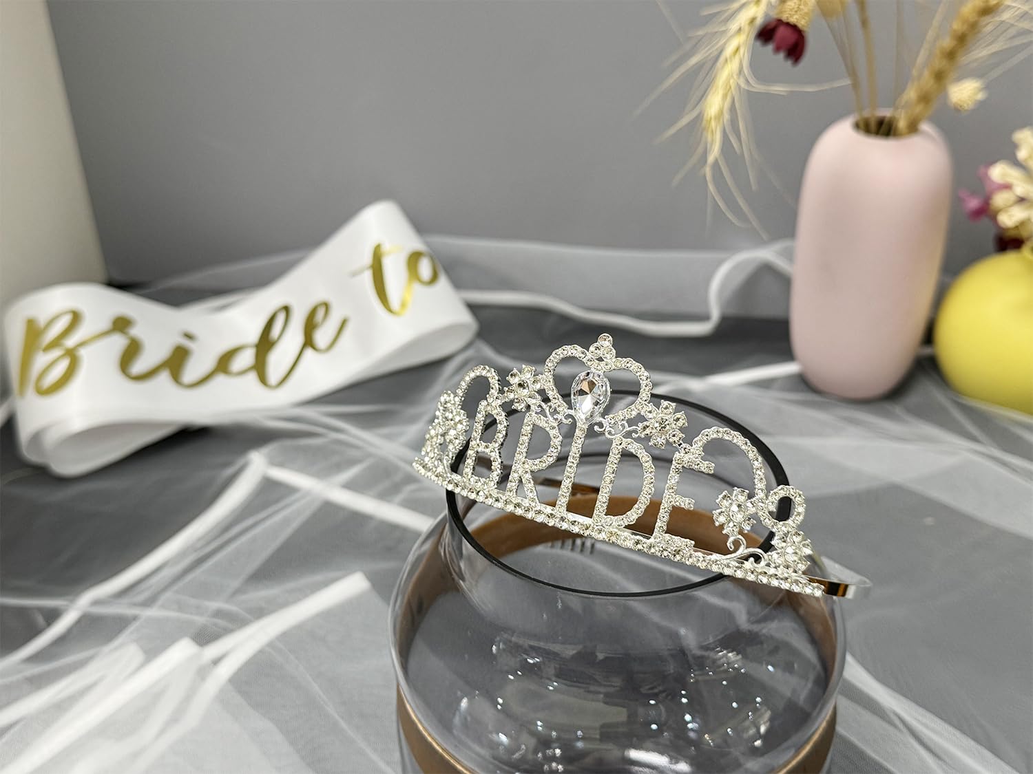 JETKONG 3 Pcs Bachelorette Party Decorations "BRIDE" Crown, Bride to Be Sash&Veil for Women Bachelorette Party Gifts, Bridal Shower Supplies, Gifts, Favors (Silver)