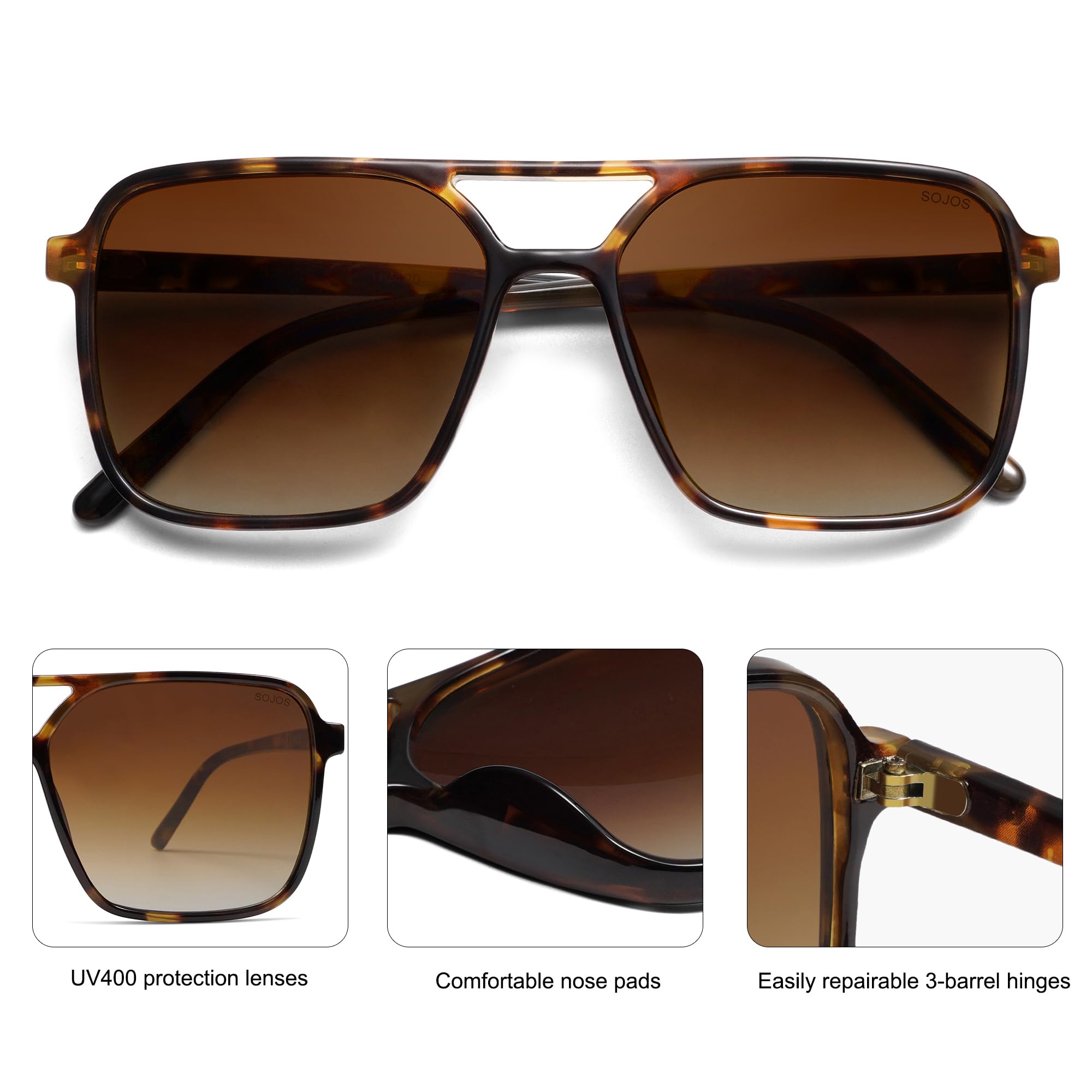 SOJOS Trendy Vintage Aviator Square Sunglasses For Womens Mens Retro 70s UV400 Women Sun Glasses SJ2327 Leopard Brown Grading Lens