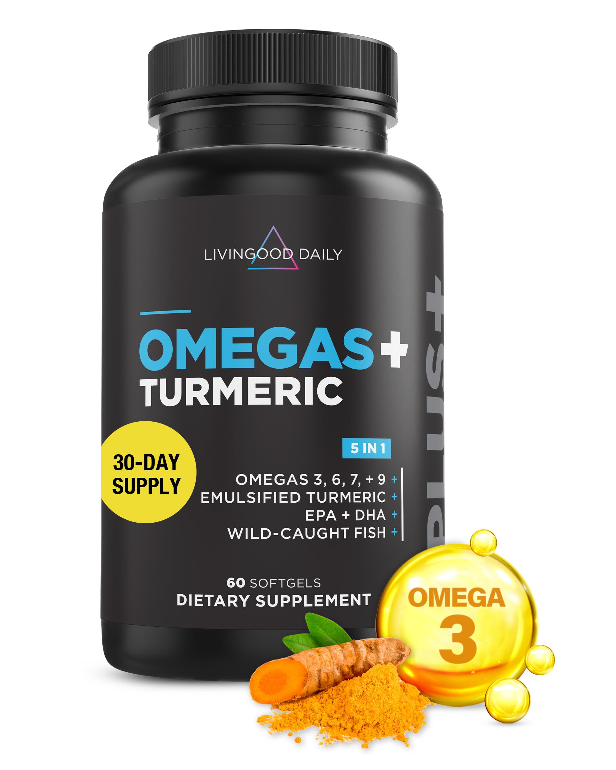 Livingood Daily Omega 3 6 7 9 Plus Turmeric Curcumin - Omega 3 Fish Oil (EPA & DHA) - Heart Health and Joint Pain Relief Supplements - 60 Softgels