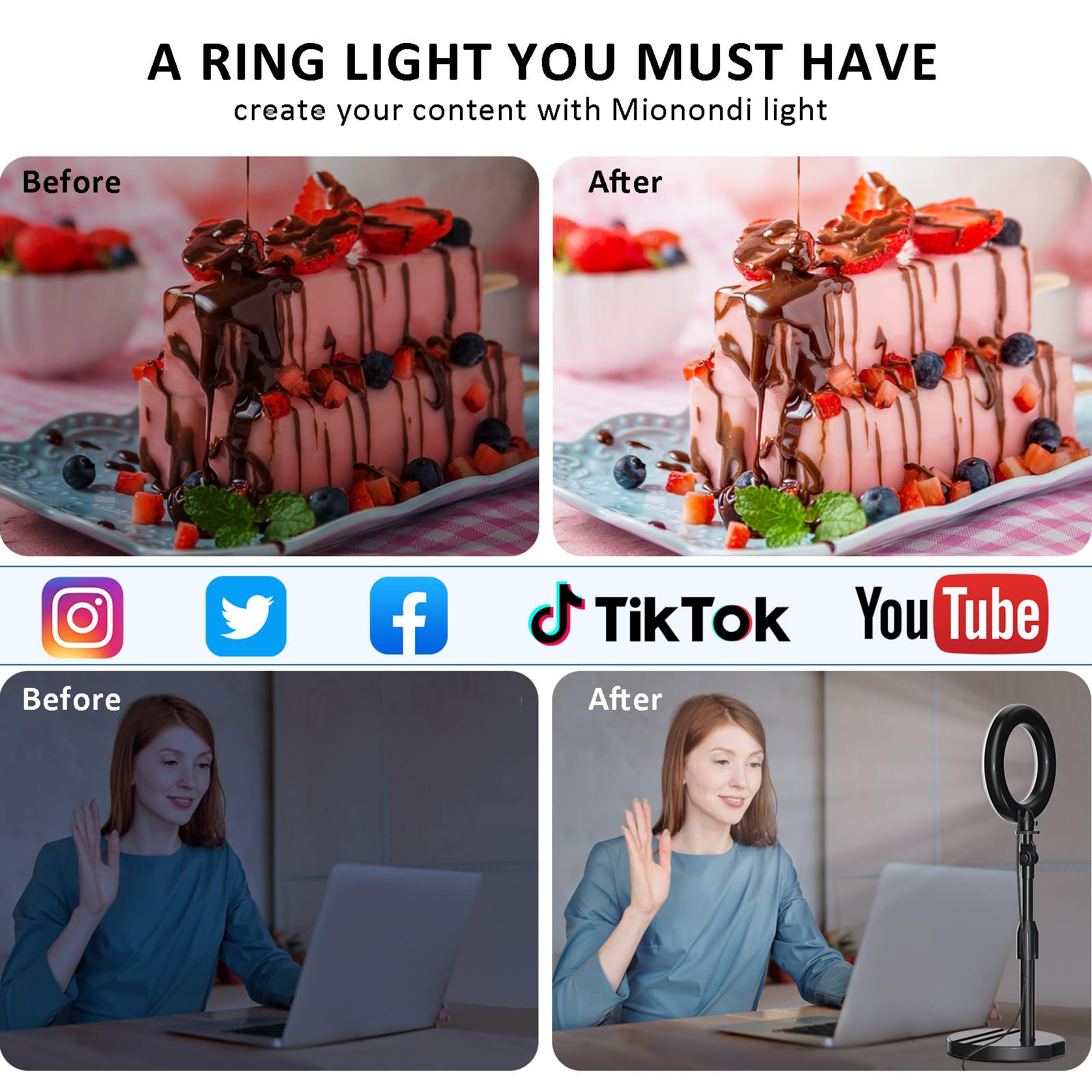 Mionondi Desk Ring Light with Telescopic Stand, Travel Desktop Hola Light for Phone Selfie Laptop Zoom Video Calls Makeup Tiktok Reels Live Streaming