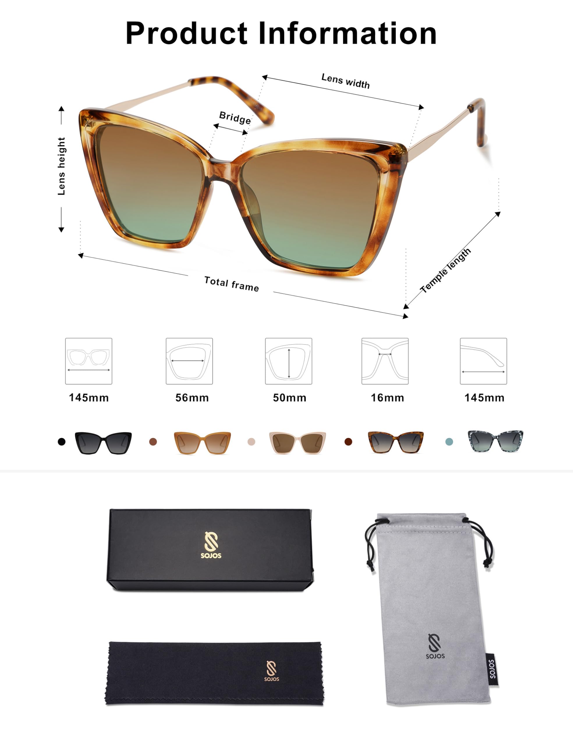 SOJOS Trendy Polarized Sunglasses For Women Retro Womens Oversized Square Cat Eye Sun Glasses UV Protection SJ2206 Yellow Tortoise Frame/Brown Grading Green Lens