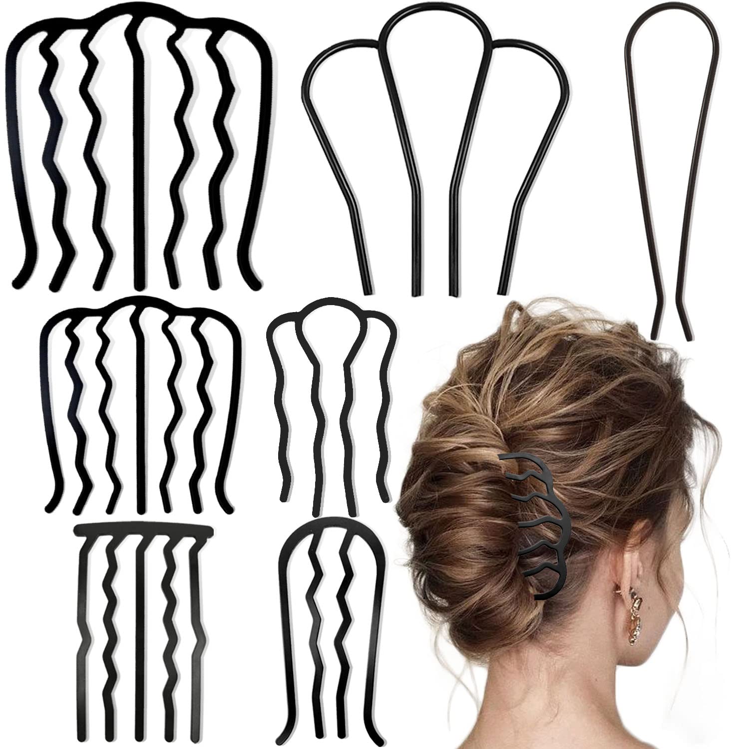 7 Pcs Metal Hair Side Combs Hair Fork Clip Teeth Hair Pin Stick for Updo Bun, U Shape Hair Combs for Vintage Hairstyle Hair Accessories, Thick&Fine Hair Combination