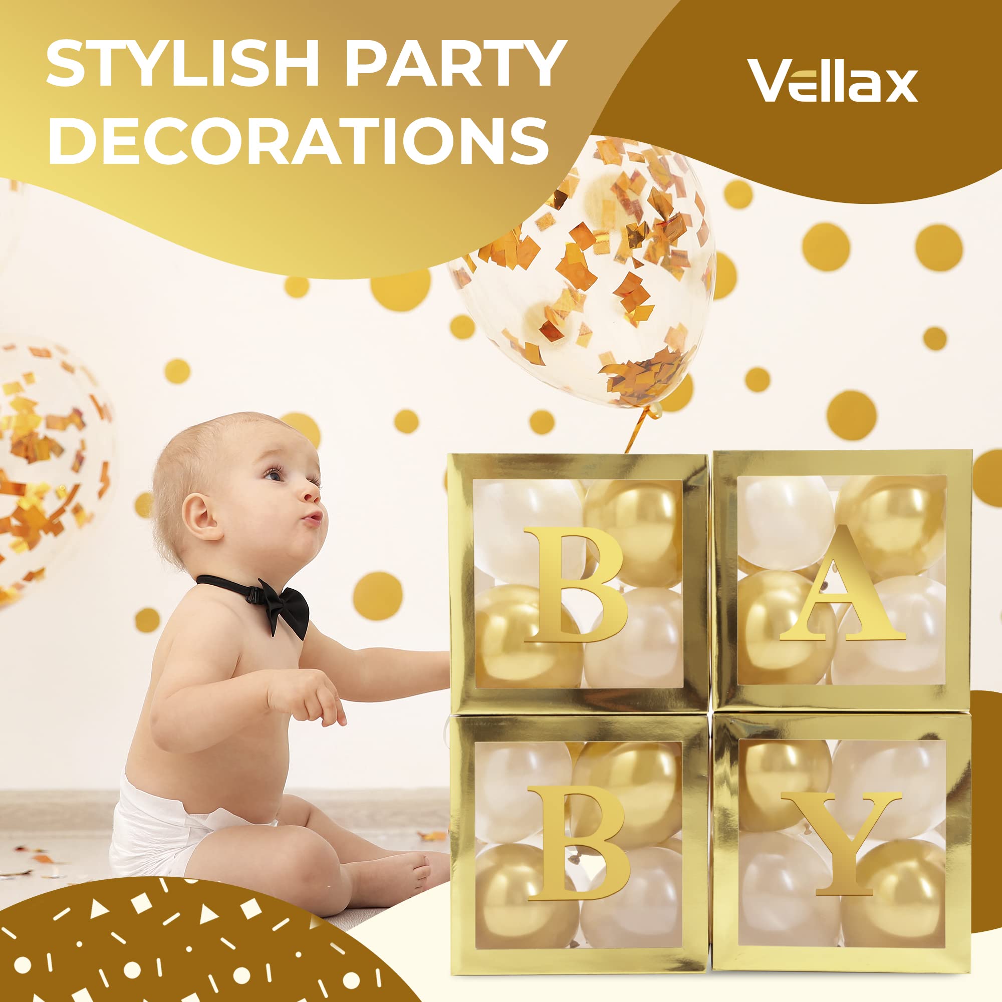 Balloon Garland Arch Kit – 146 Pcs Metallic Gold Balloons & Baby Shower Boxes with Letters – Gold Boxes with Gold & White Balloons