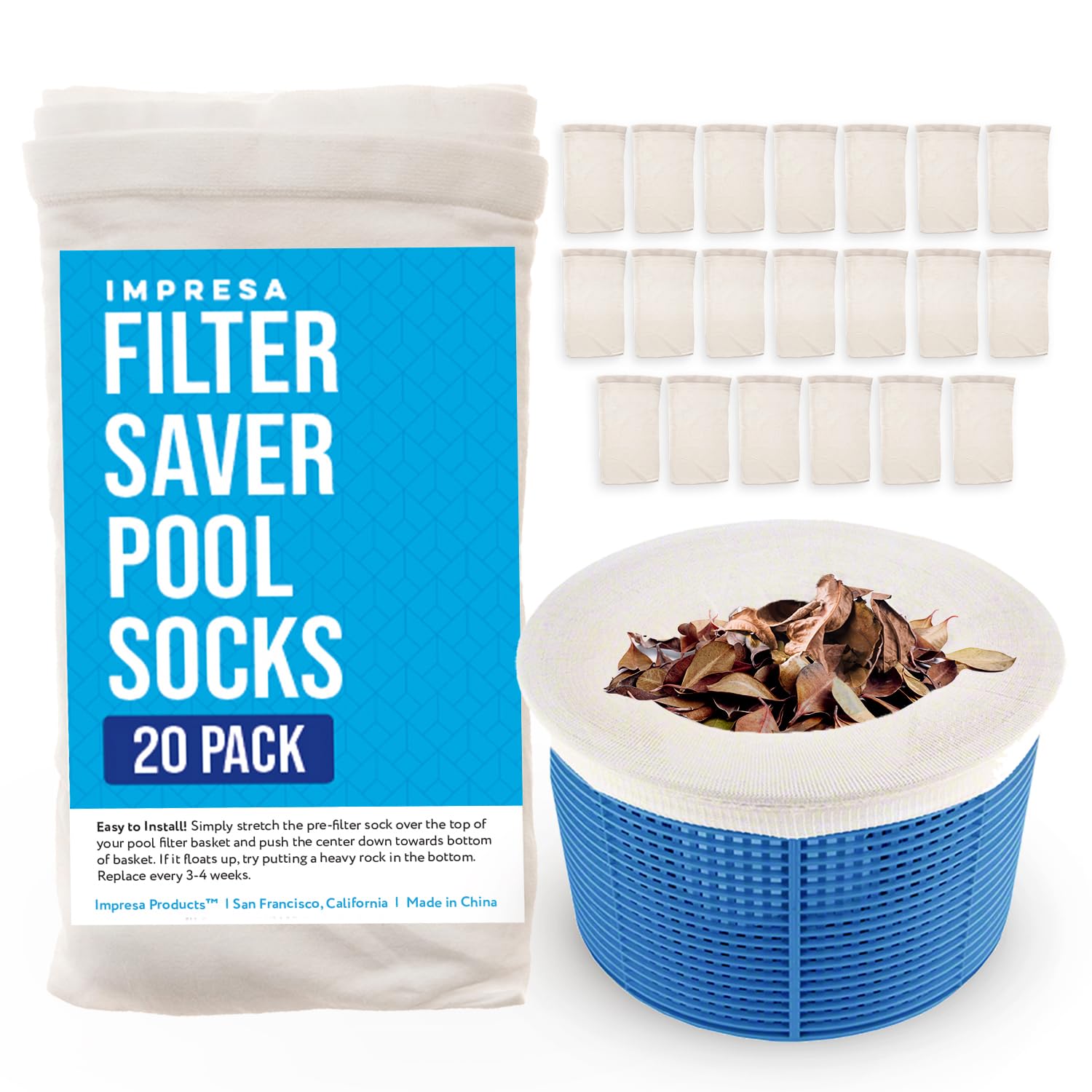 Impresa 20-Pack of Pool Skimmer Socks - Excellent Savers for Pool Baskets and Skimmers - Ideal for Inground or Above Ground Pools - Filters Debris and Other Small Particles