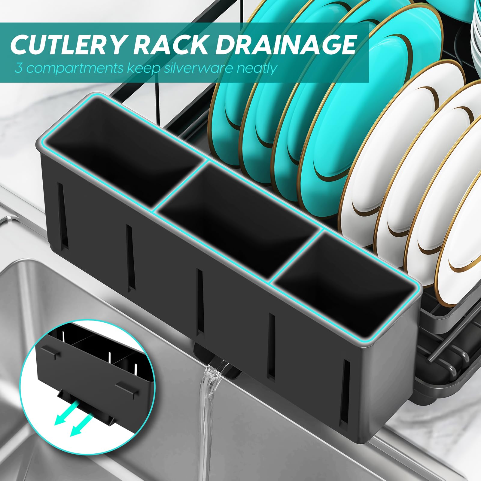 MERRYBOX Dish Drying Rack Large Capacity 2 Tier Dish Drying Rack Multifunctional Rustproof Dish Drainers for Kitchen Counter with Drainboard Leak-Proof Spout,Large Utensil Holder, Cup Holder, Black