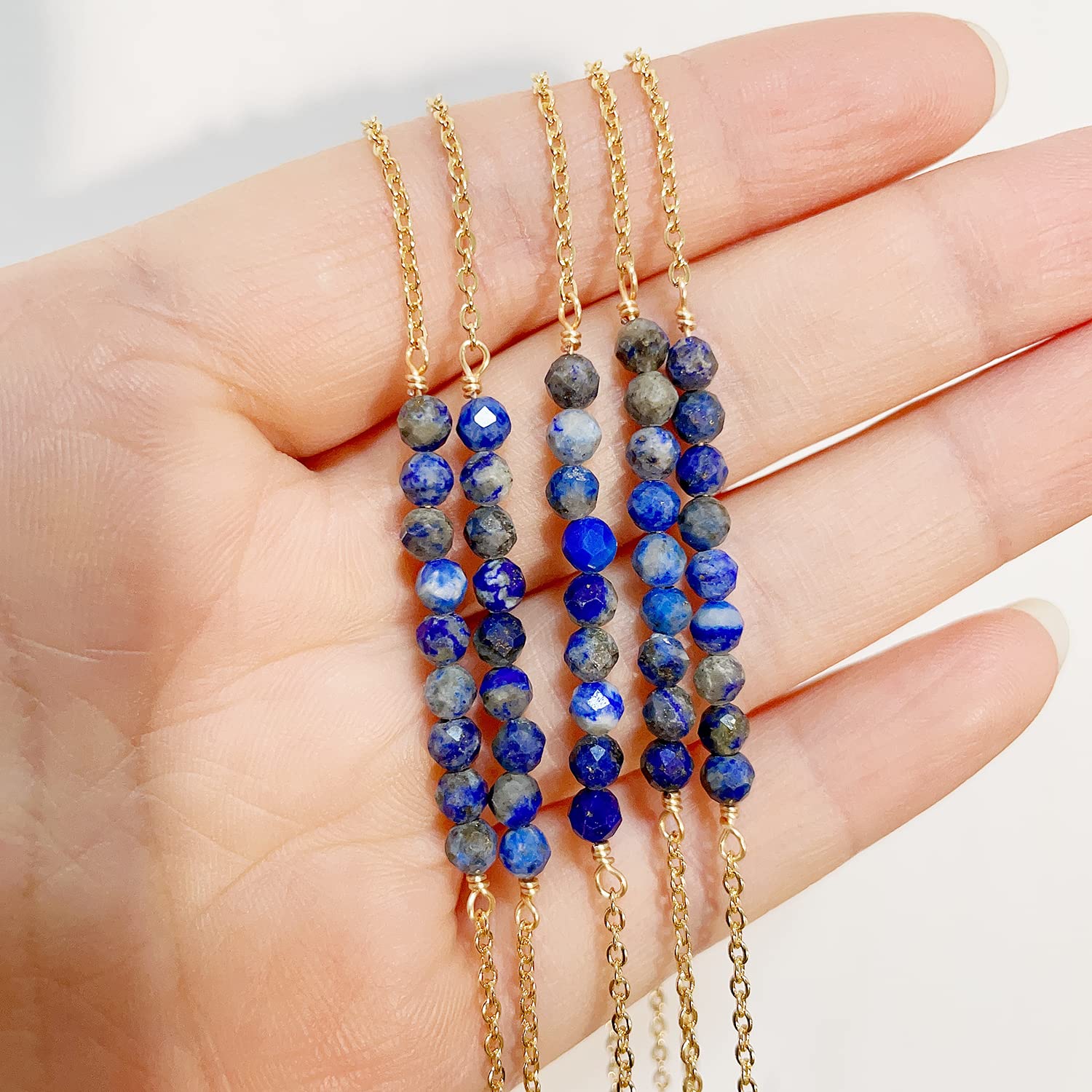 DeScount Dainty Beaded Lapis Bar Necklace,September Birthstone Necklace,18K Gold Plated Handmade Faceted Lapis Stone Beads Bar Boho Necklaces for Women