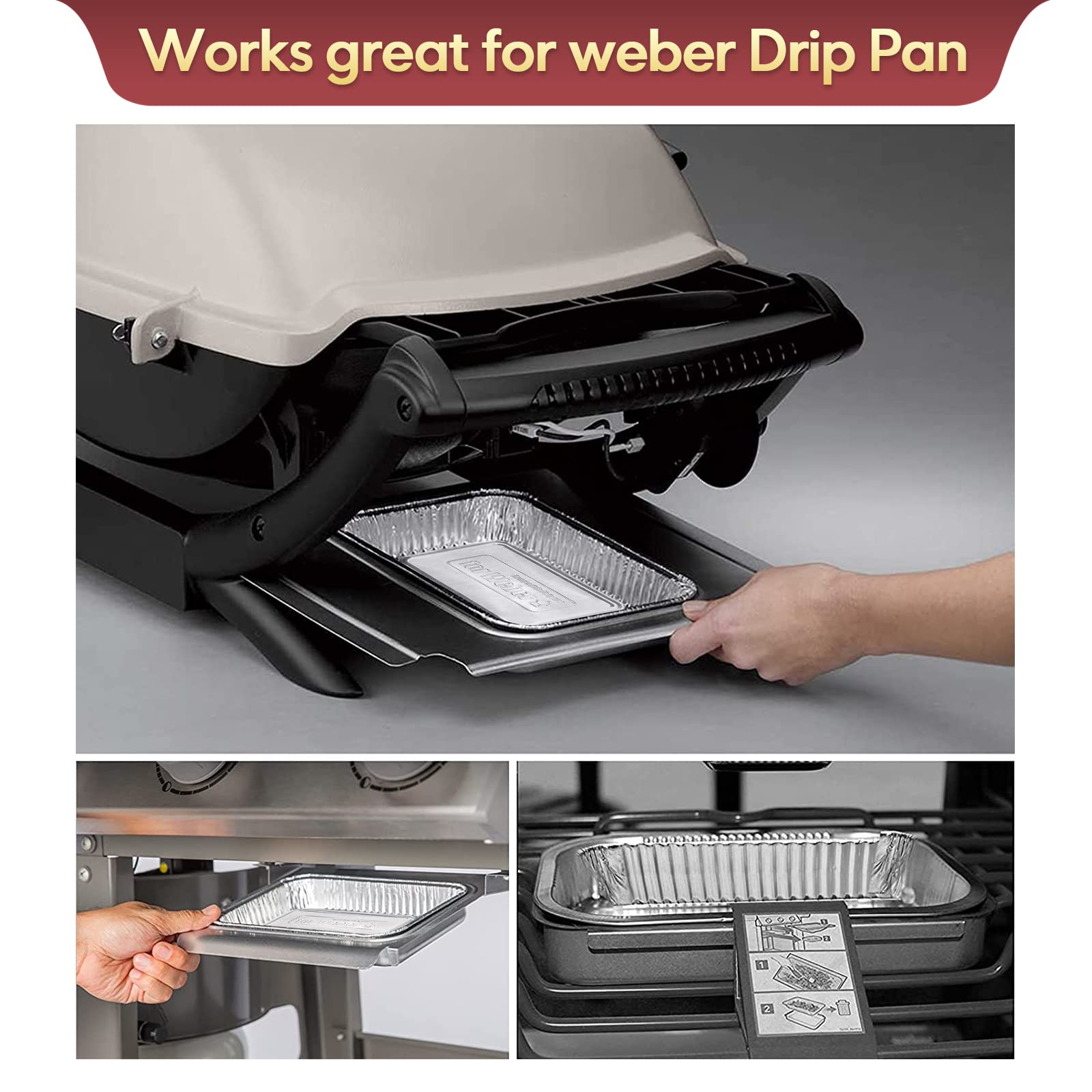 TIFMI 50 Pack Drip Pans Liners Compatible for Weber Q Series, Spirit Gas, Traveler Grill, Genesis II LX 200 & 300 Series Gas Grills, Aluminum Foil Grease Trays for Weber 6415 Grill Accessories