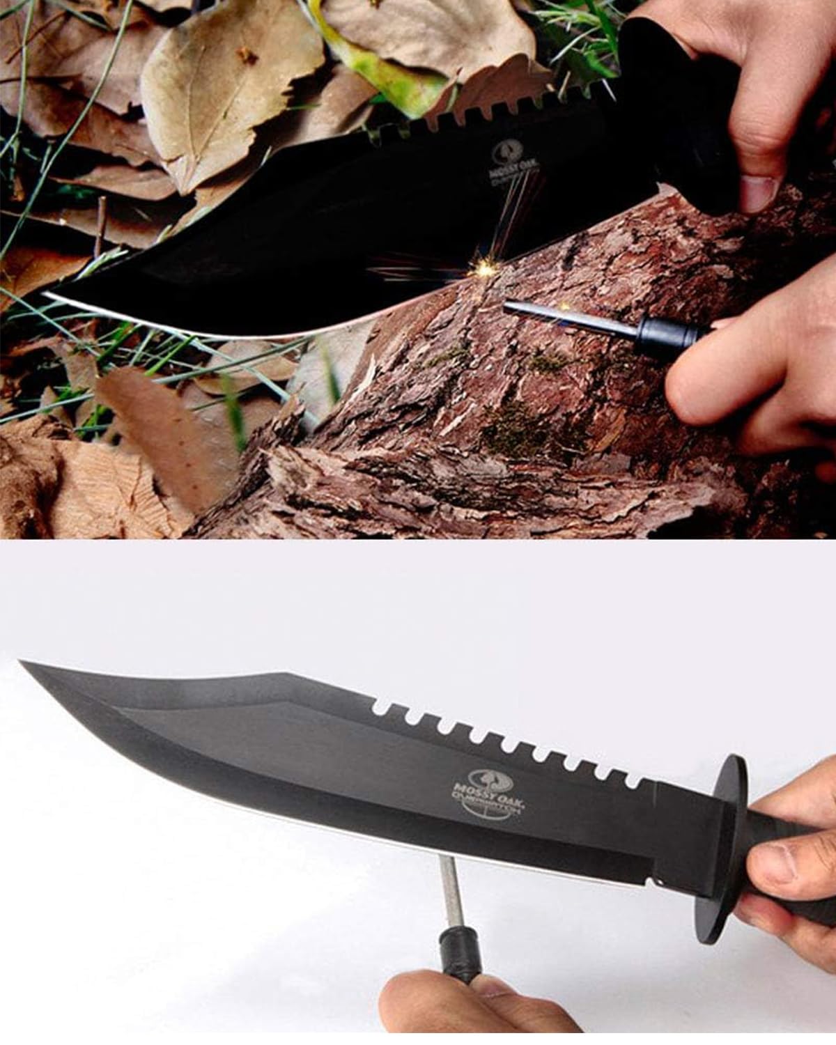 Mossy Oak Survival Hunting Knife with Sheath, 15-inch Fixed Blade Tactical Bowie Knife with Sharpener & Fire Starter for Camping, Outdoor, Bushcraft