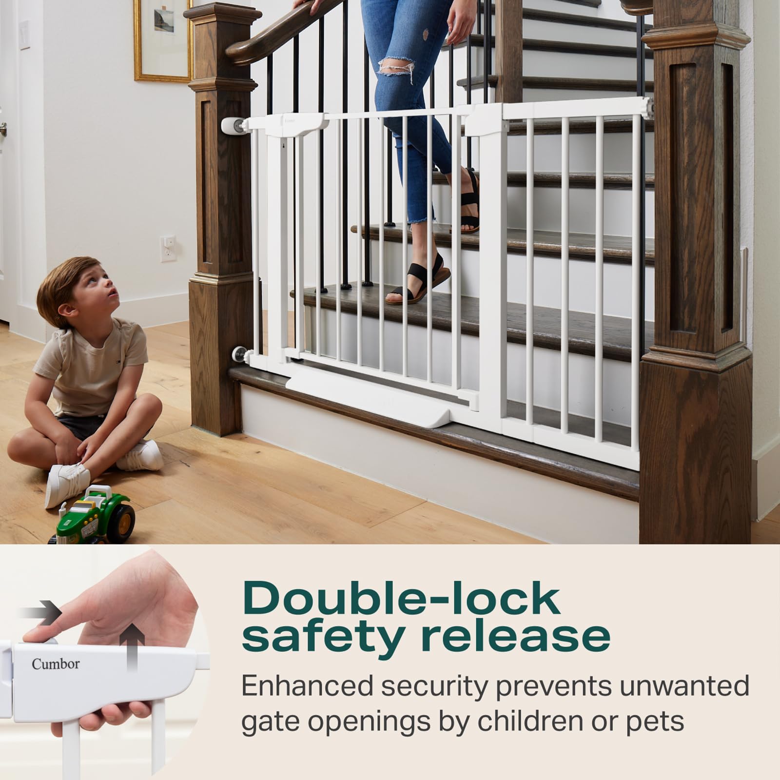 Cumbor 29.7-46" Baby Gate for Stairs, Toddler Safety Essentials for The House, Auto Close Dog Gate for Doorways, Mom's Choice Awards Winner-Easy Install Pressure Mounted Pet Gates for Dogs, White