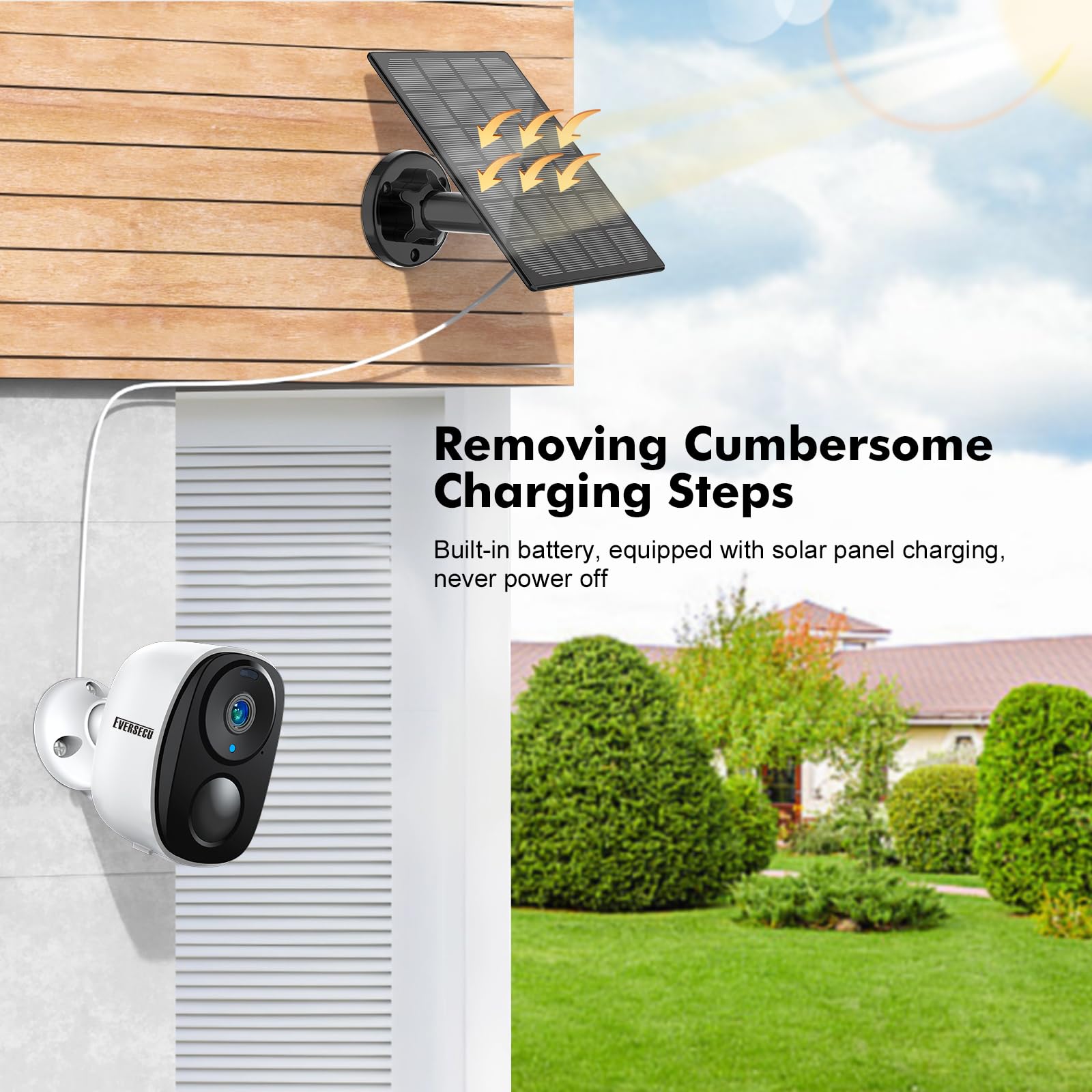 EVERSECU 2K 3MP Solar-Powered Wireless Security Camera Support Pairing Via Bluetooth, Outdoor WiFi Home CCTV Bullet Camera, Spotlight, PIR Motion Detection, 2-Way Audio, Night Vision, Work with Alexa