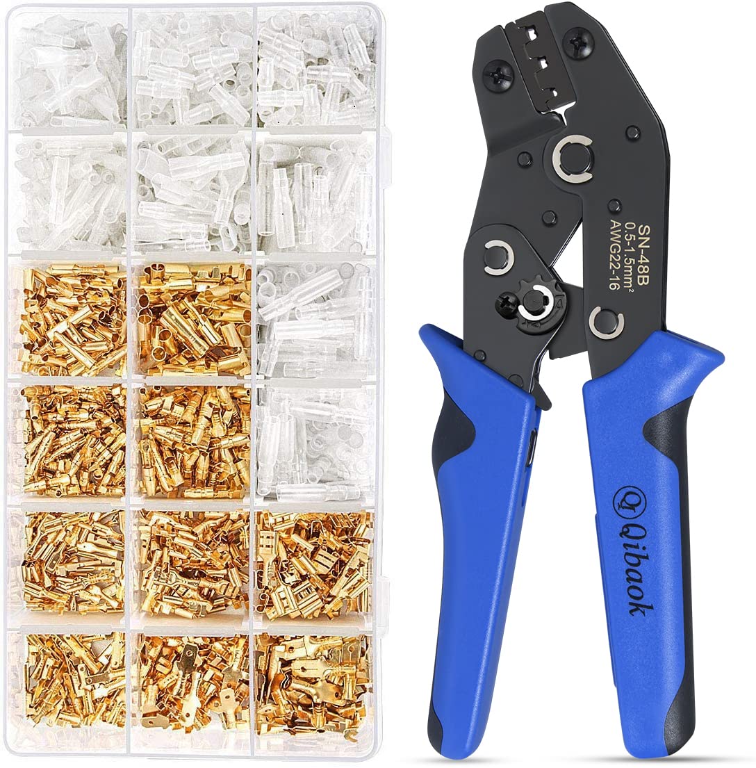 Wire Terminal Crimping Tool Kit, Qibaok Ratcheting Wire Crimper AWG 22-16(0.5-1.5mm²) with 500PCS Female Male Spade Connectors & Bullet Connectors Terminals